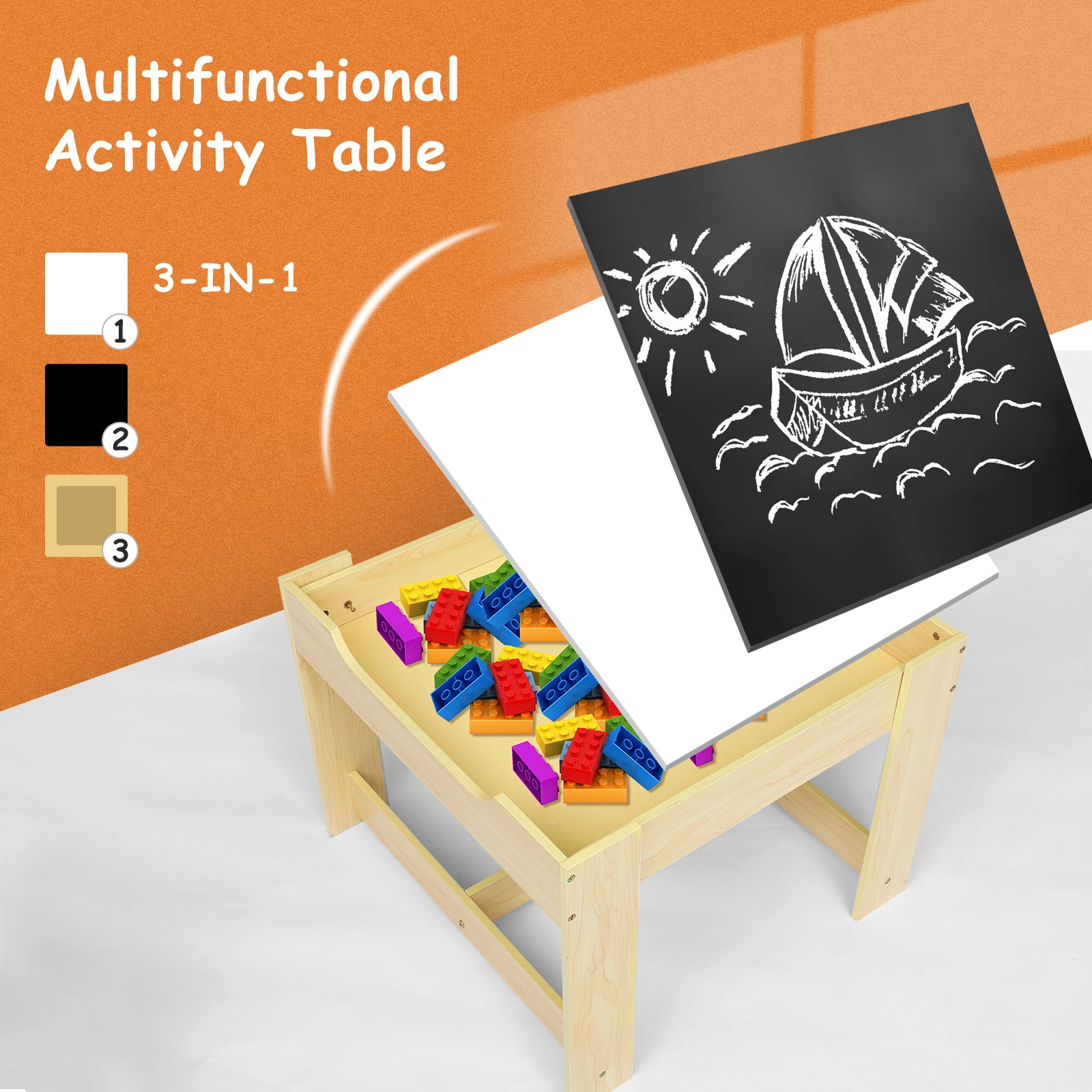 Kids Wooden Table and Chair Set with 2 Storage Bags, 1 Table & 2 Chairs, Replacement Code 16180981 view 2