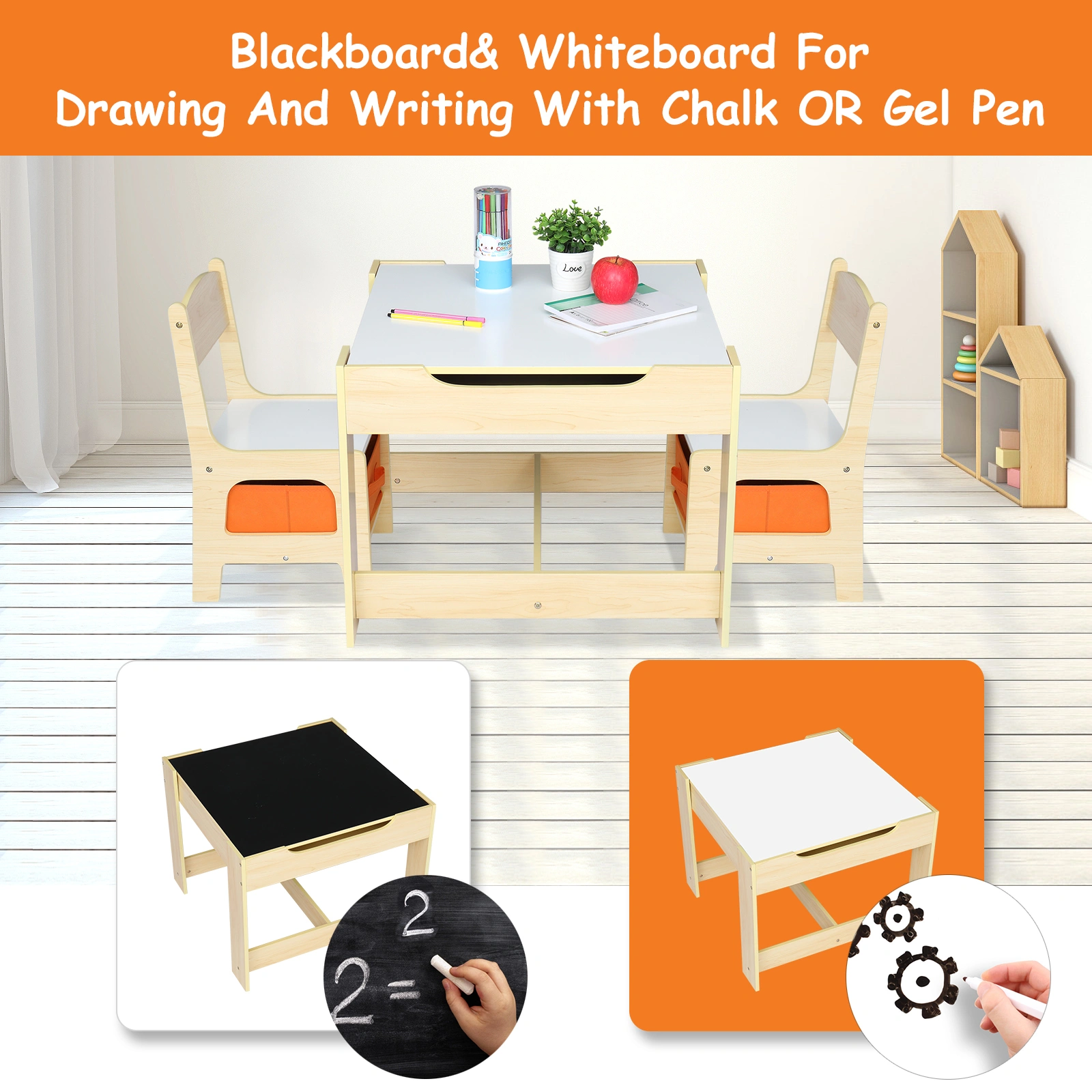 Kids Wooden Table and Chair Set with 2 Storage Bags, 1 Table & 2 Chairs, Replacement Code 16180981 view 3