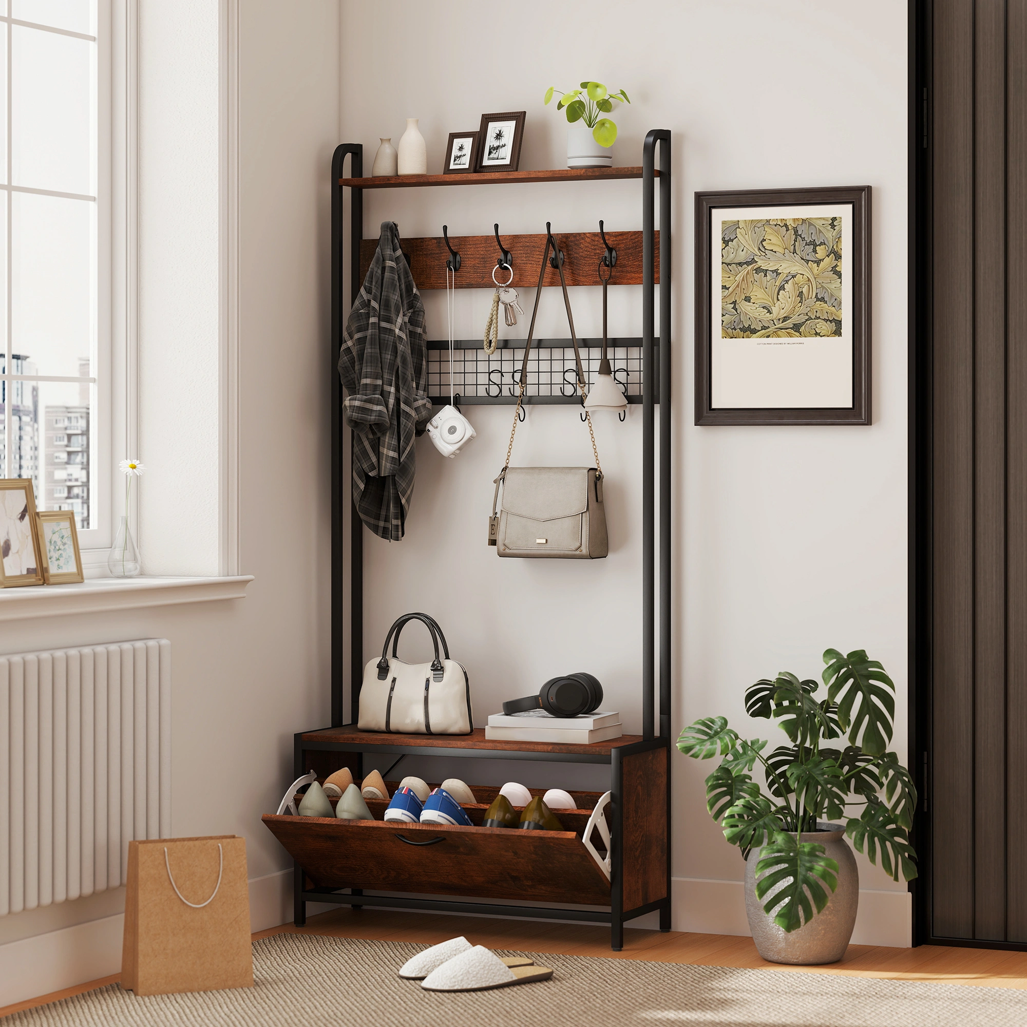 Hall Tree with Bench Shoe Storage, Entryway Coat Rack Stand with Hooks, Indoor Outdoor Entry Bench for Mudroom Hallway