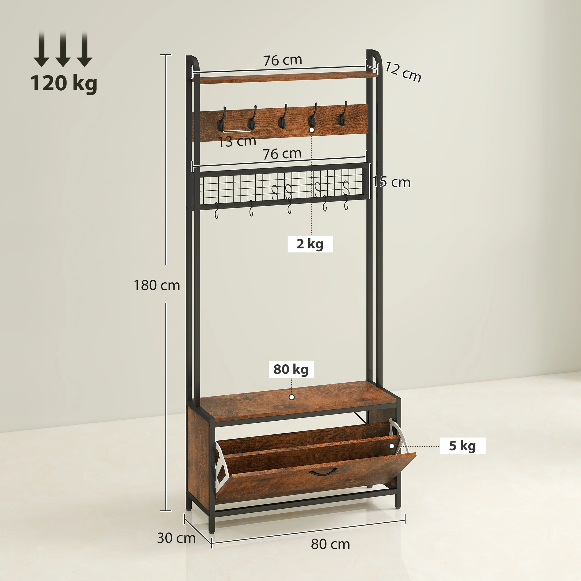 Hall Tree with Bench Shoe Storage, Entryway Coat Rack Stand with Hooks, Indoor Outdoor Entry Bench for Mudroom Hallway view 3