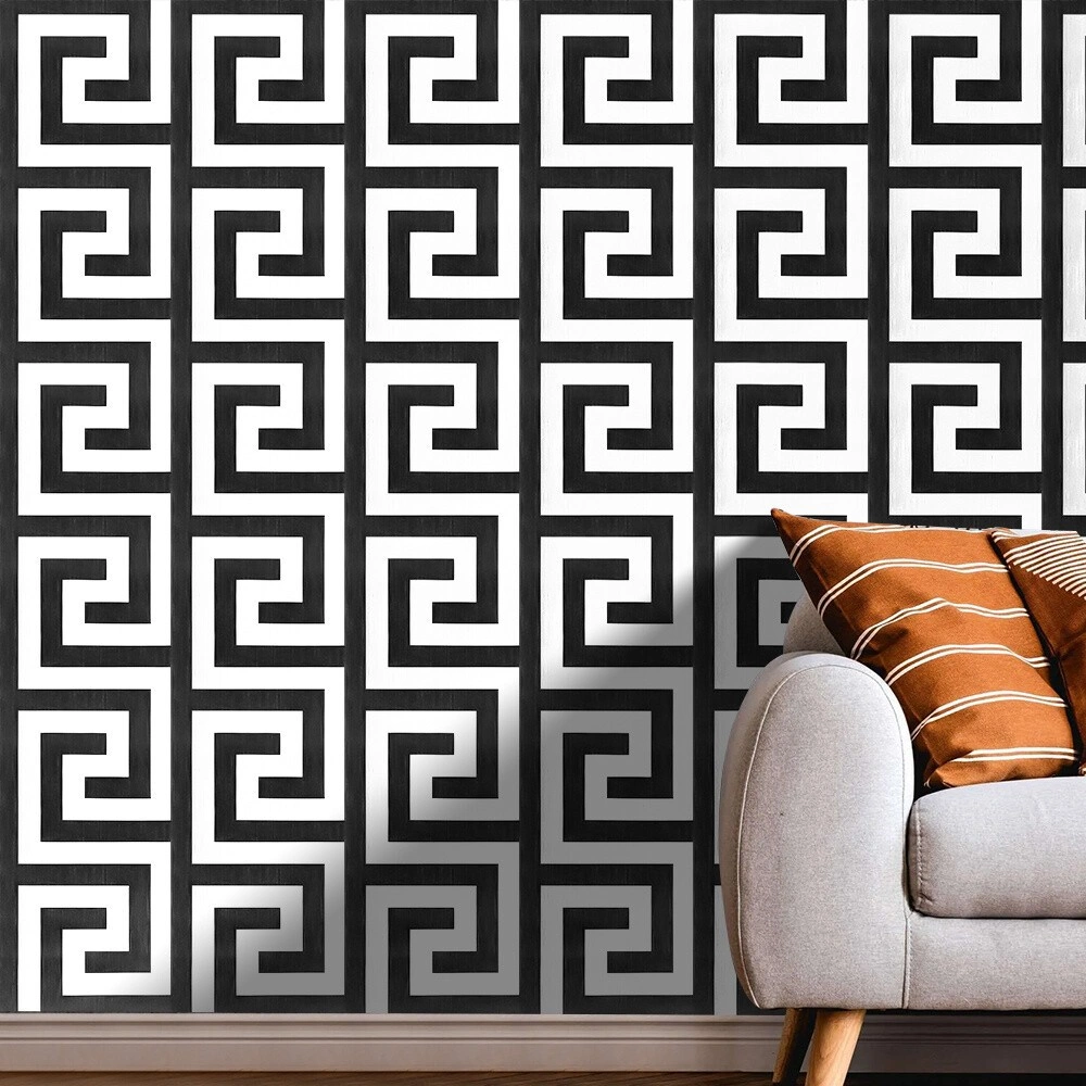 Debona Athena Greek Key Metallic Glitter Wallpaper - White & Black Decor