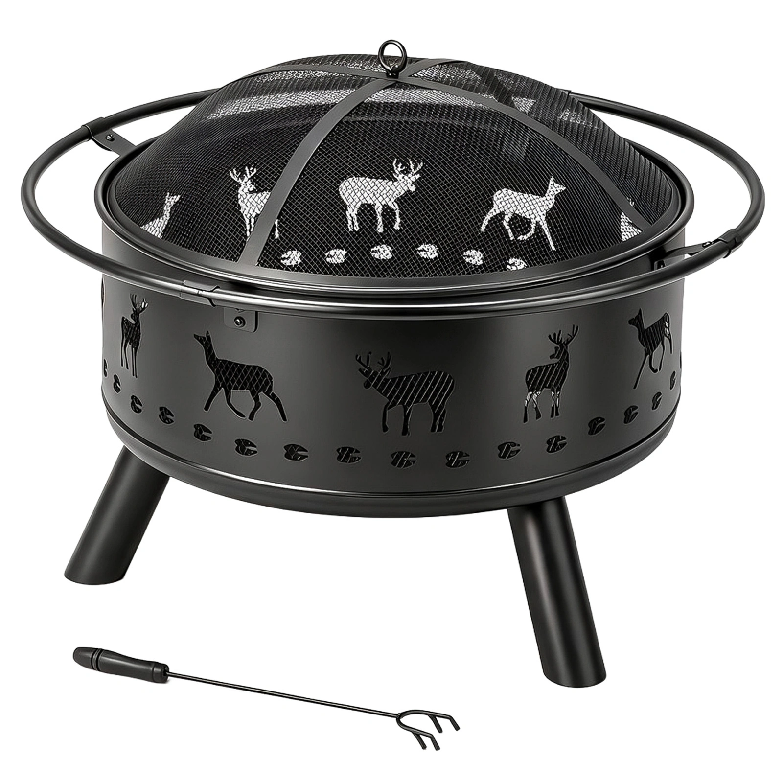 30 Inch Round Wood Burning Fire Pit, Heavy Duty Wrought Iron with Hinged Spark Screen & Lift Ring, Elk Cut