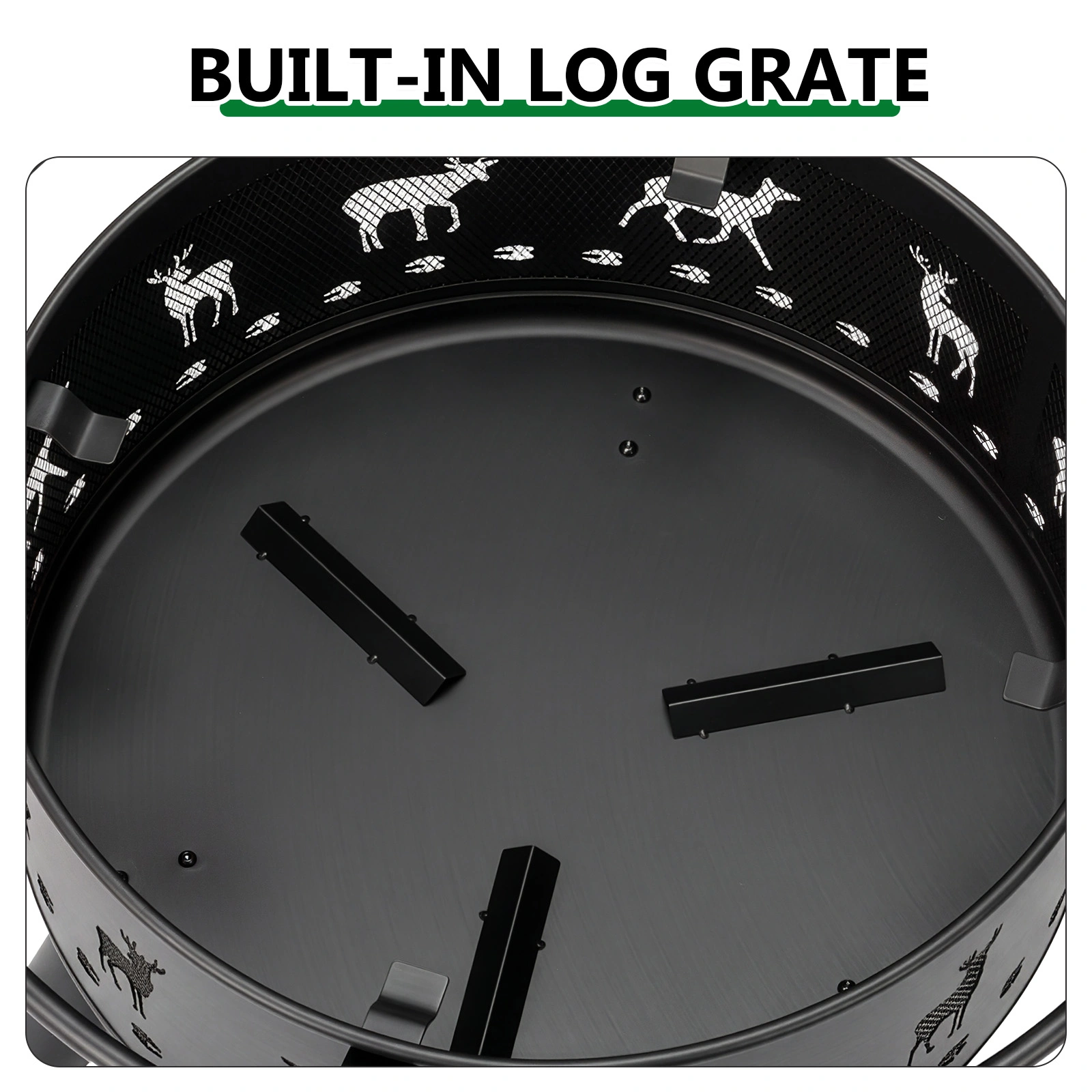 30 Inch Round Wood Burning Fire Pit, Heavy Duty Wrought Iron with Hinged Spark Screen & Lift Ring, Elk Cut view 6