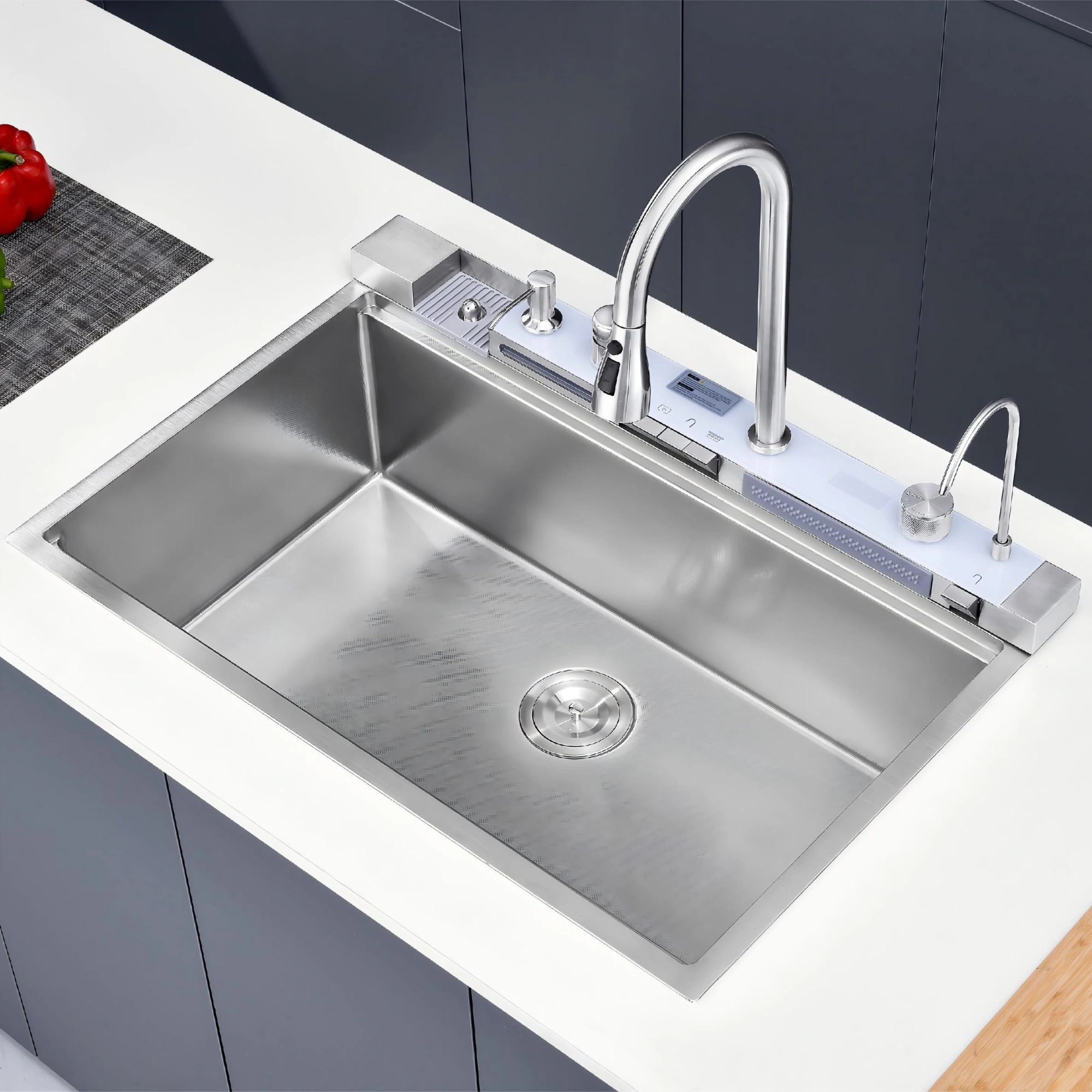 33x22 Inch Undermount Kitchen Sink 304 Stainless Steel Single Bowl with Pull Out Faucet, Whale Waterfall Design, Dishwasher Accessories, Dark Gray view 2