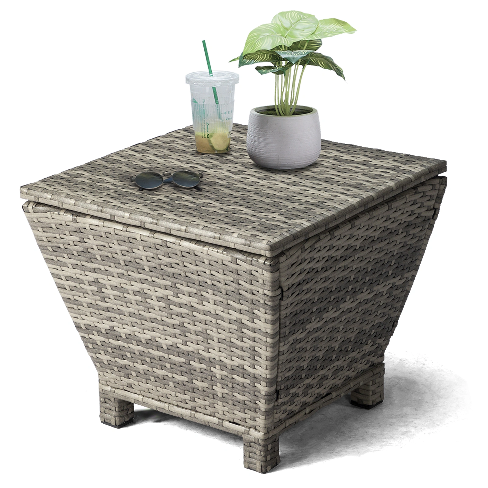 Outdoor PE Wicker Side Table with Storage, Grey Patio Storage Bin Container for Hose Cushion Towel view 10