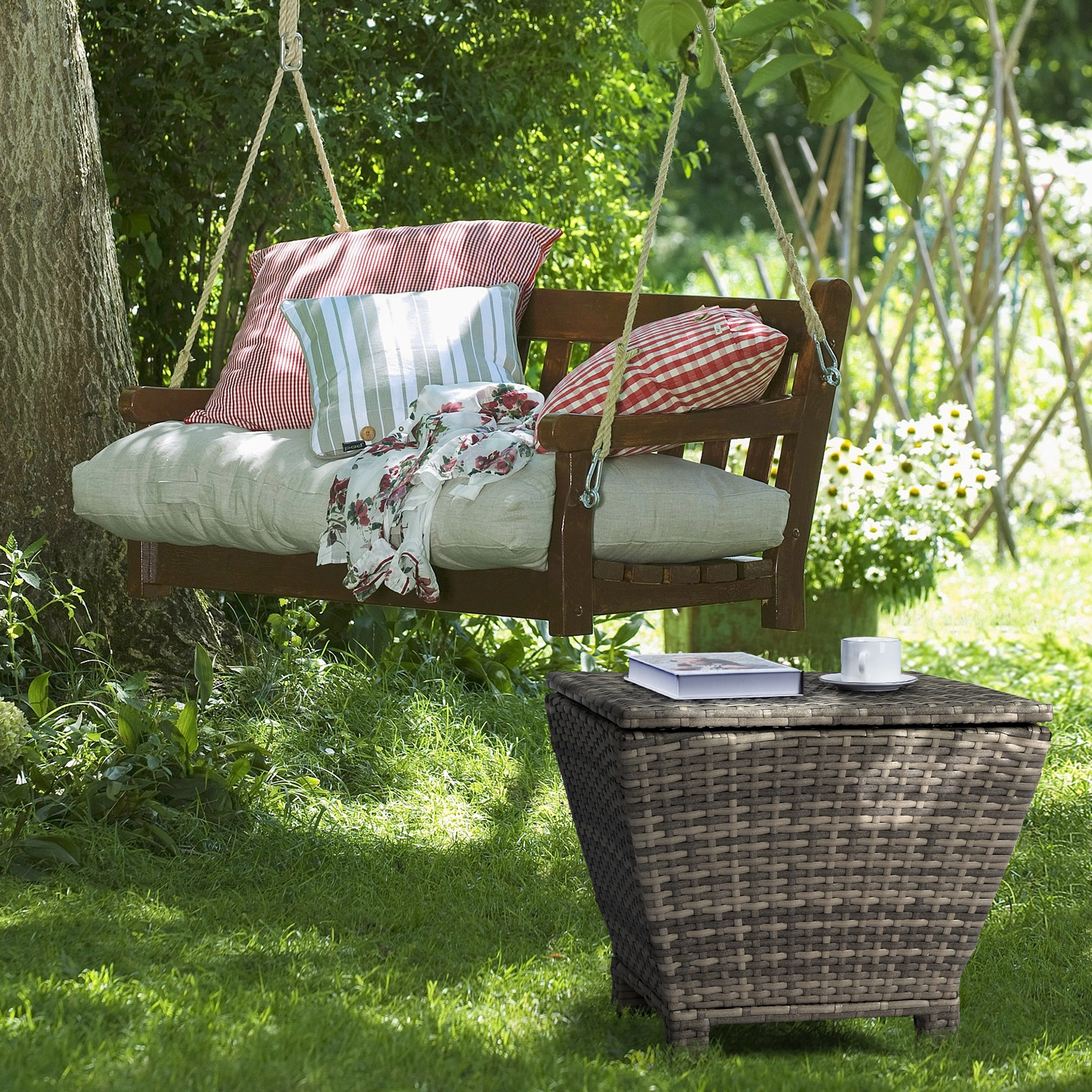 Outdoor PE Wicker Side Table with Storage, Grey Patio Storage Bin Container for Hose Cushion Towel view 18