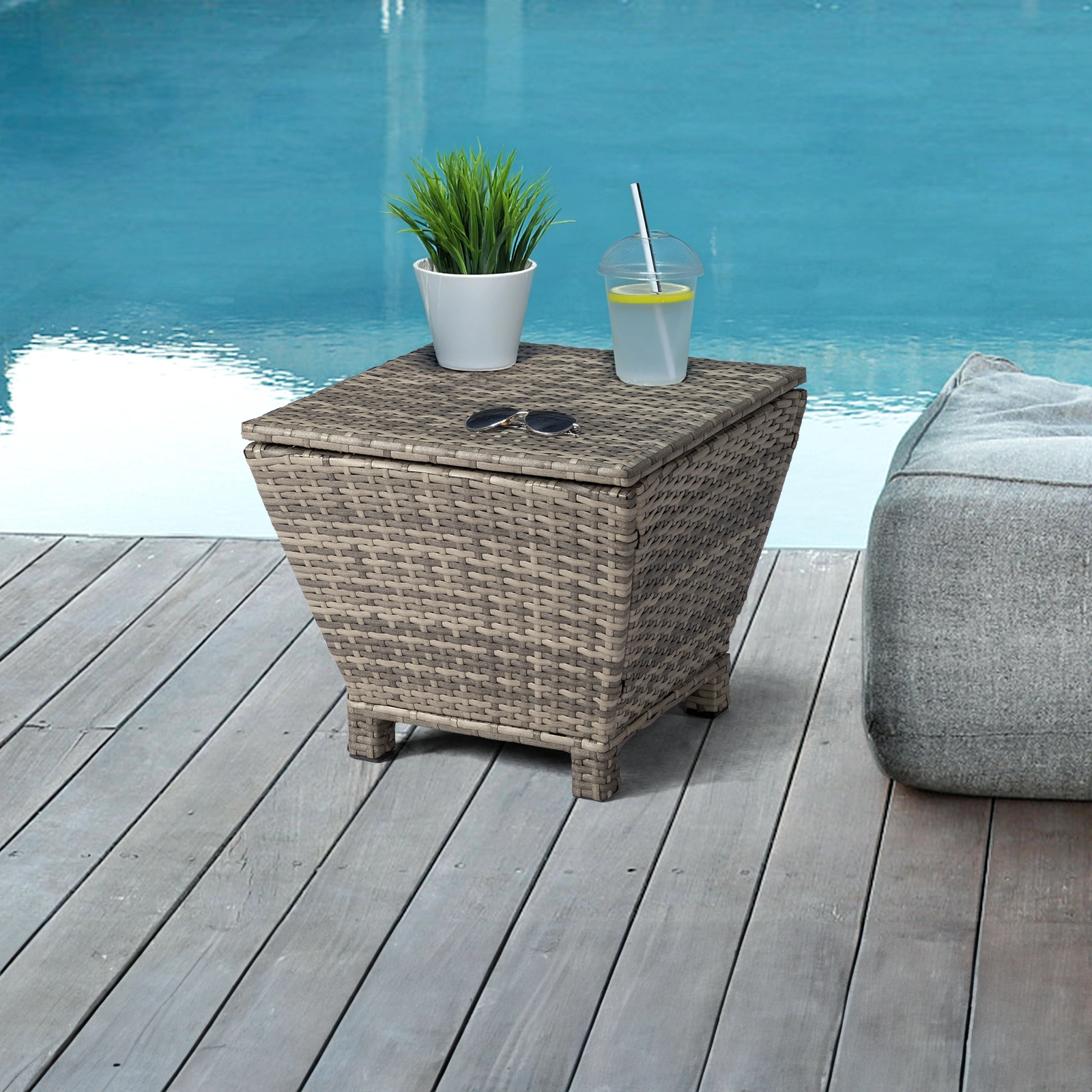 Outdoor PE Wicker Side Table with Storage, Grey Patio Storage Bin Container for Hose Cushion Towel view 20