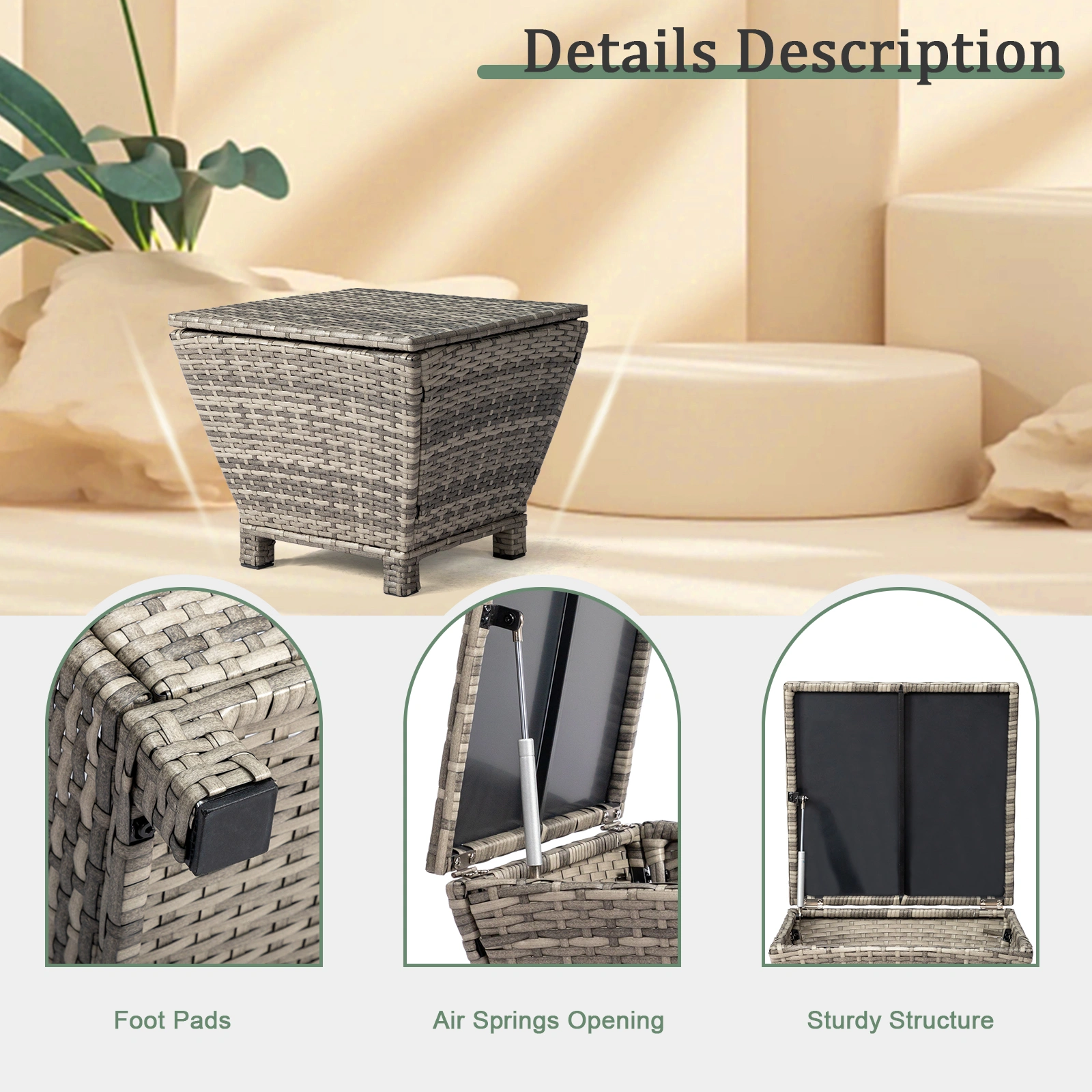 Outdoor PE Wicker Side Table with Storage, Grey Patio Storage Bin Container for Hose Cushion Towel view 24