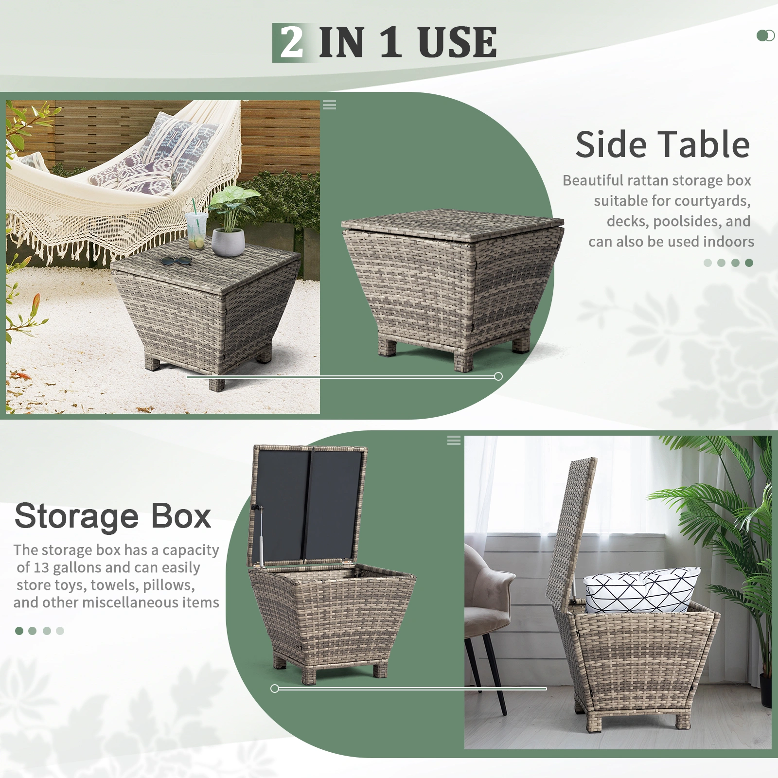 Outdoor PE Wicker Side Table with Storage, Grey Patio Storage Bin Container for Hose Cushion Towel view 25