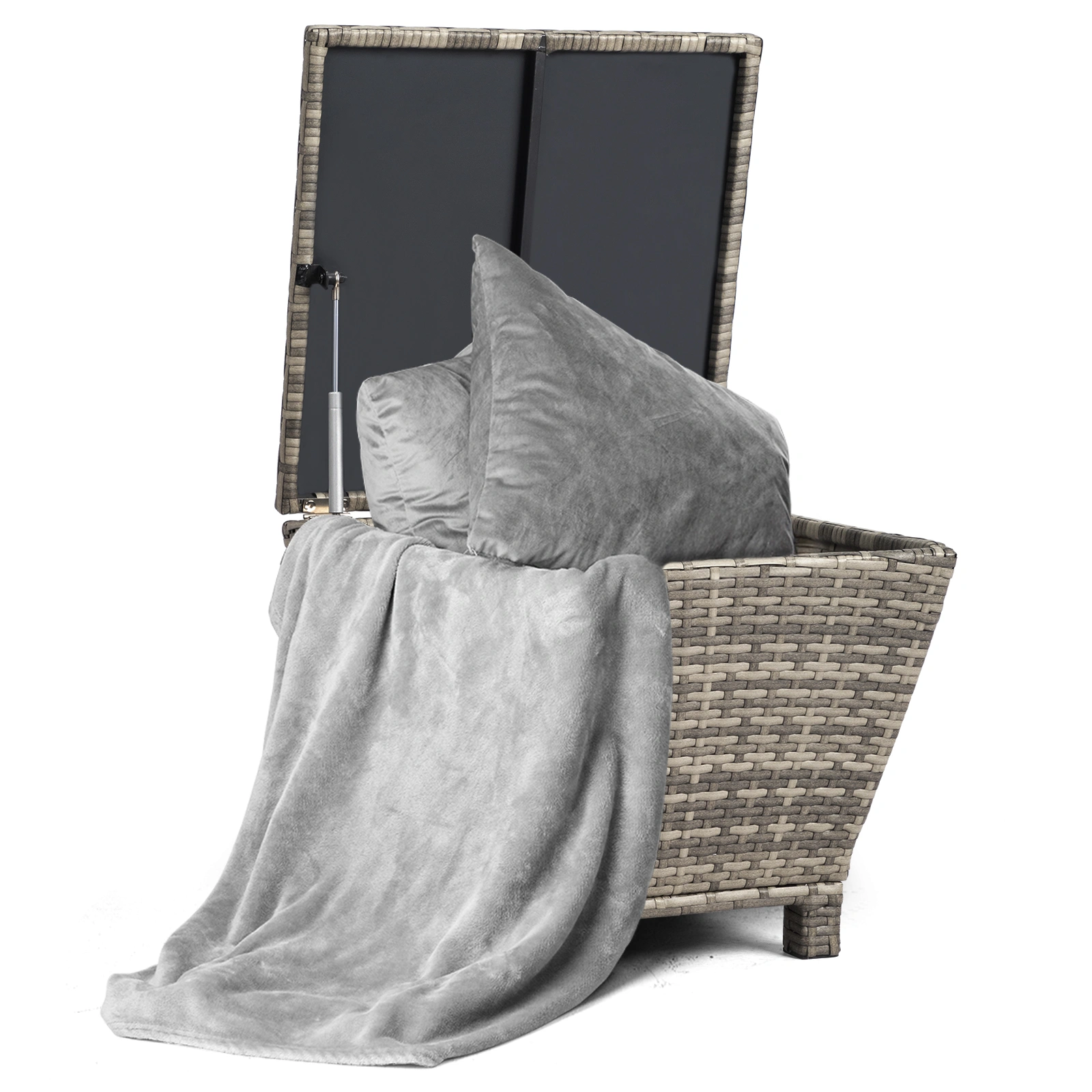 Outdoor PE Wicker Side Table with Storage, Grey Patio Storage Bin Container for Hose Cushion Towel view 5