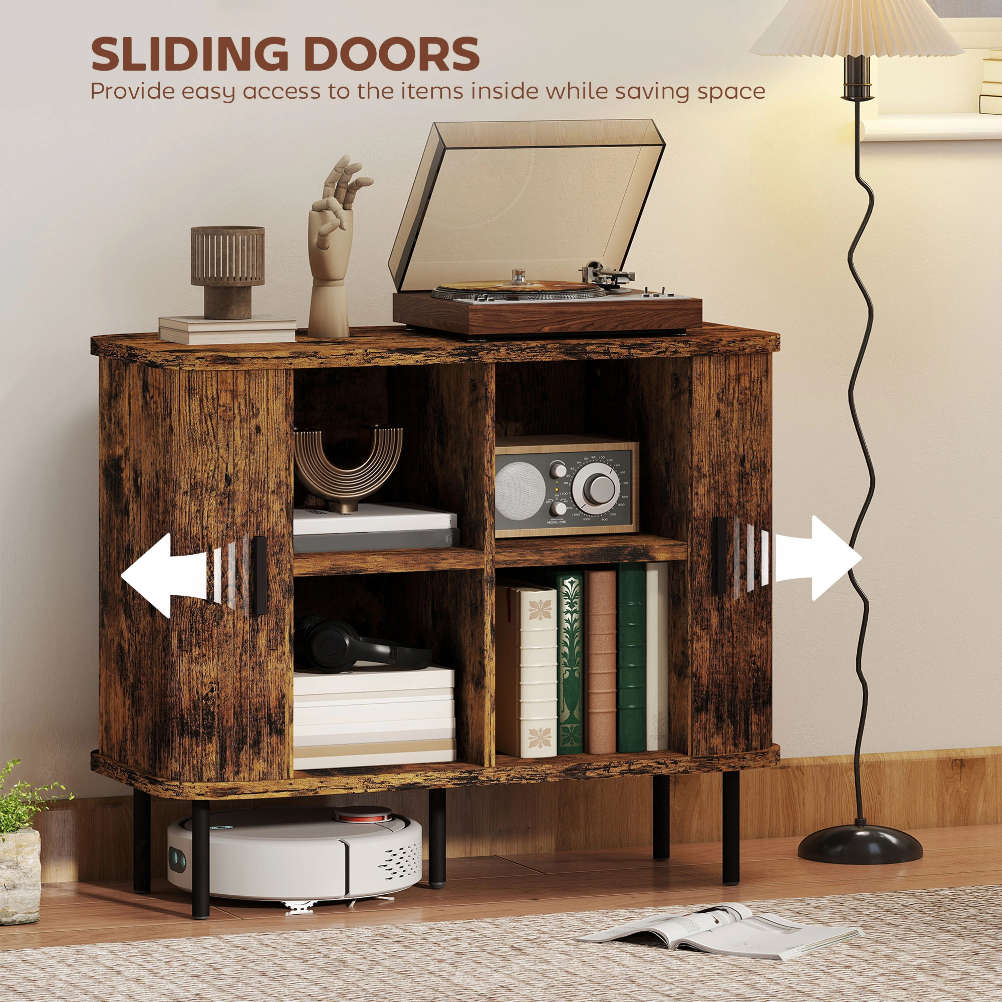 Kitchen Storage Cabinet, Freestanding Cupboard with Shelves, Wood Top & Metal Frame, White, 23.6"D x 11.8"W x 35"H view 3