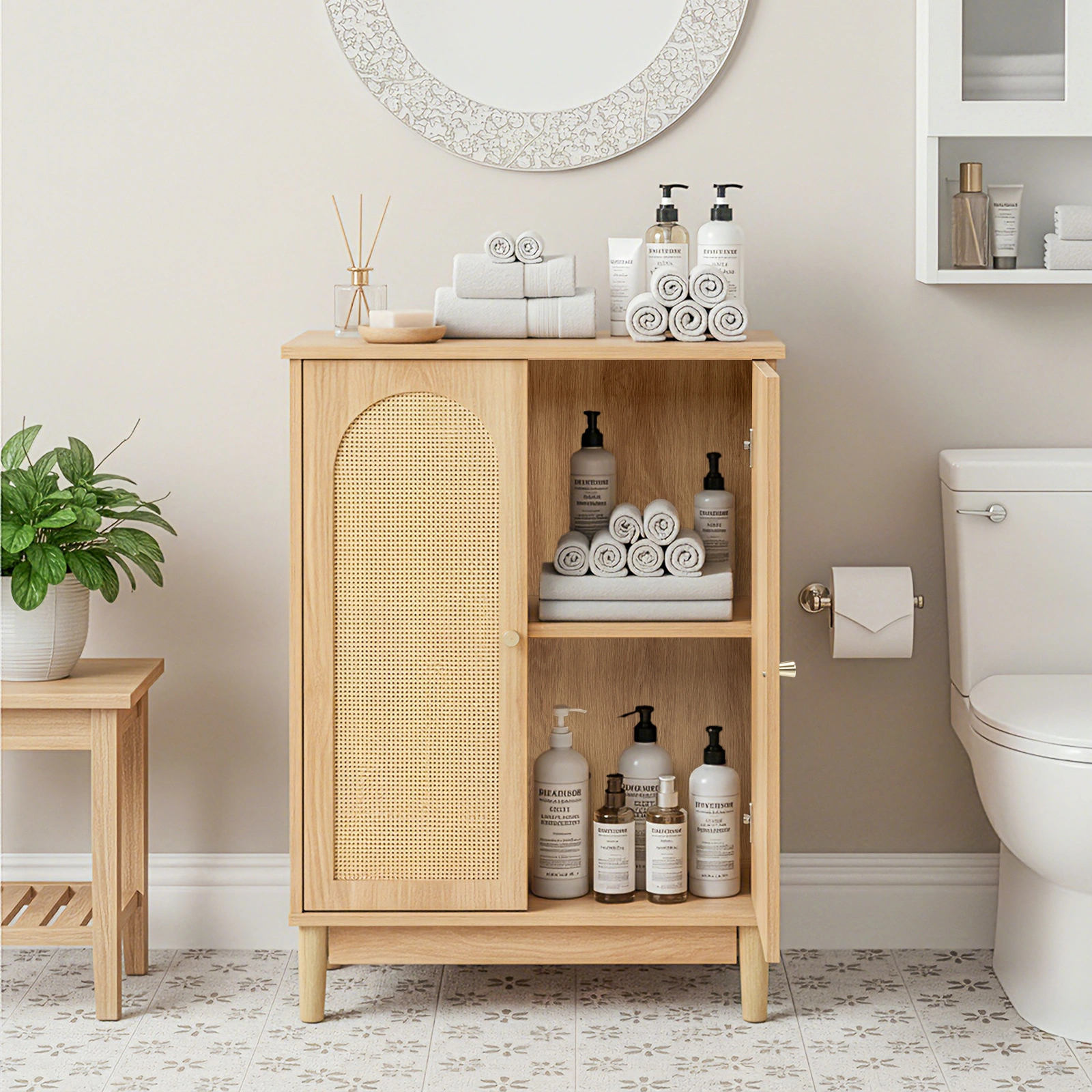 Natural wood color, particleboard with melamine veneer and rattan finish, 60*30*80cm, double doors, bathroom vanity