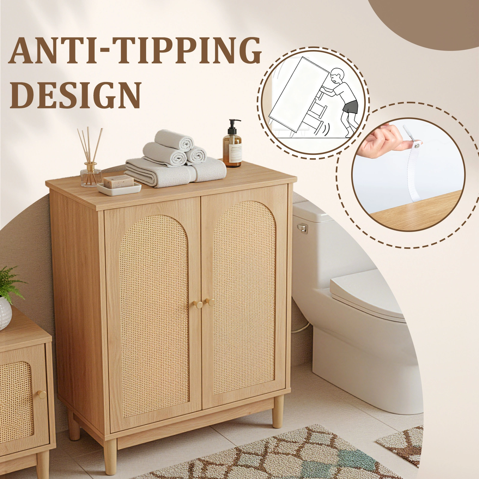 Natural wood color, particleboard with melamine veneer and rattan finish, 60*30*80cm, double doors, bathroom vanity view 11