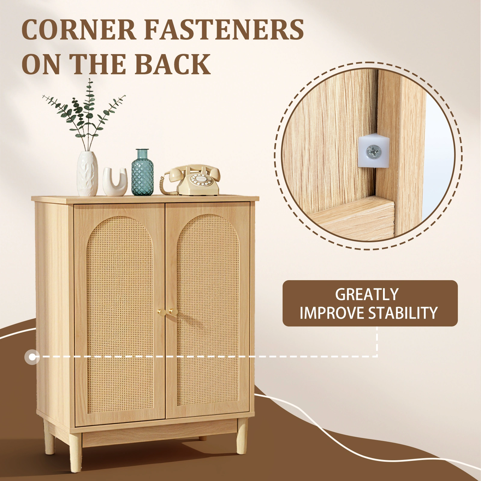 Natural wood color, particleboard with melamine veneer and rattan finish, 60*30*80cm, double doors, bathroom vanity view 12