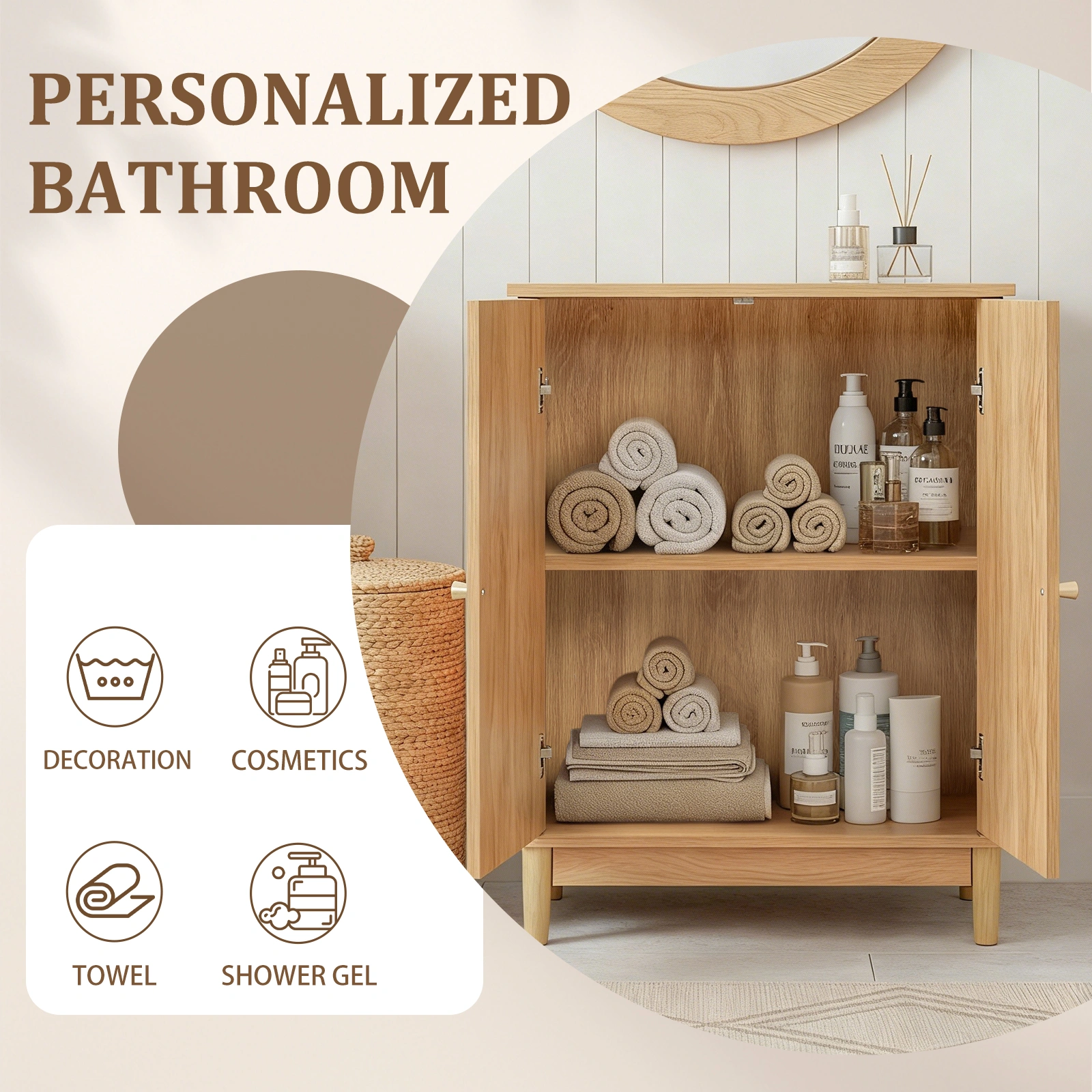 Natural wood color, particleboard with melamine veneer and rattan finish, 60*30*80cm, double doors, bathroom vanity view 13