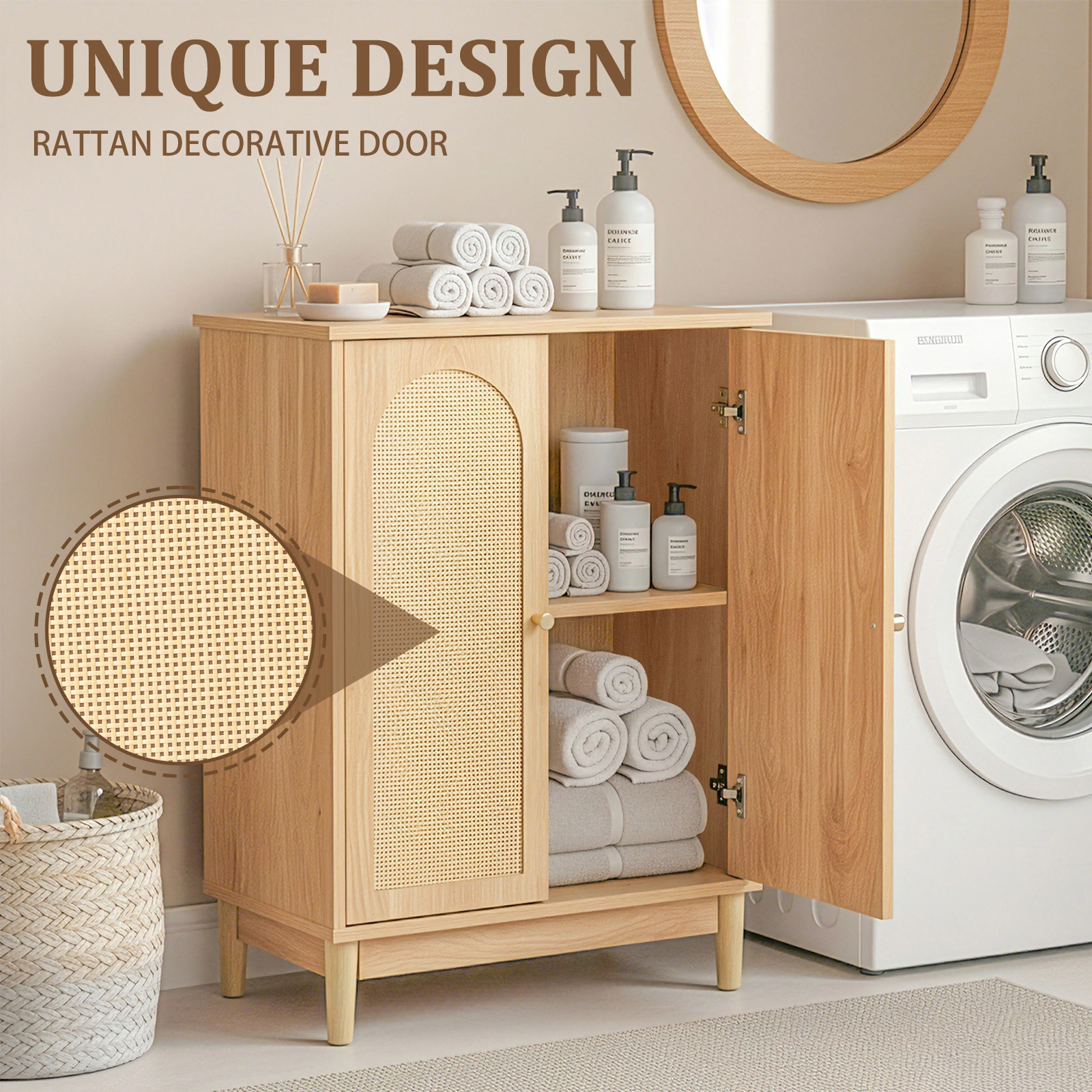 Natural wood color, particleboard with melamine veneer and rattan finish, 60*30*80cm, double doors, bathroom vanity view 16
