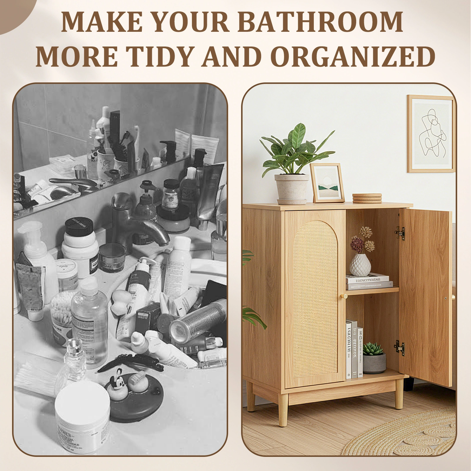 Natural wood color, particleboard with melamine veneer and rattan finish, 60*30*80cm, double doors, bathroom vanity view 17