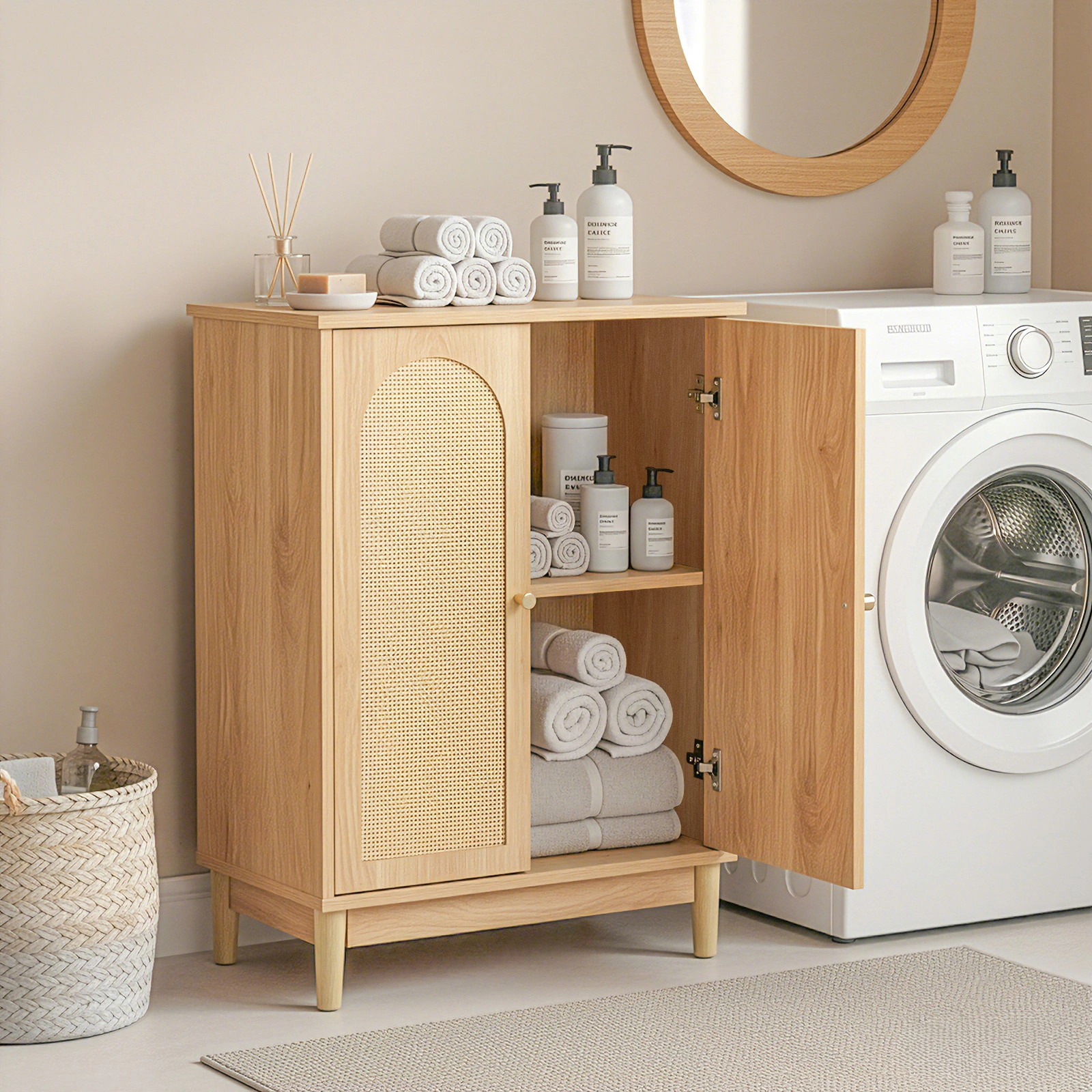 Natural wood color, particleboard with melamine veneer and rattan finish, 60*30*80cm, double doors, bathroom vanity view 7