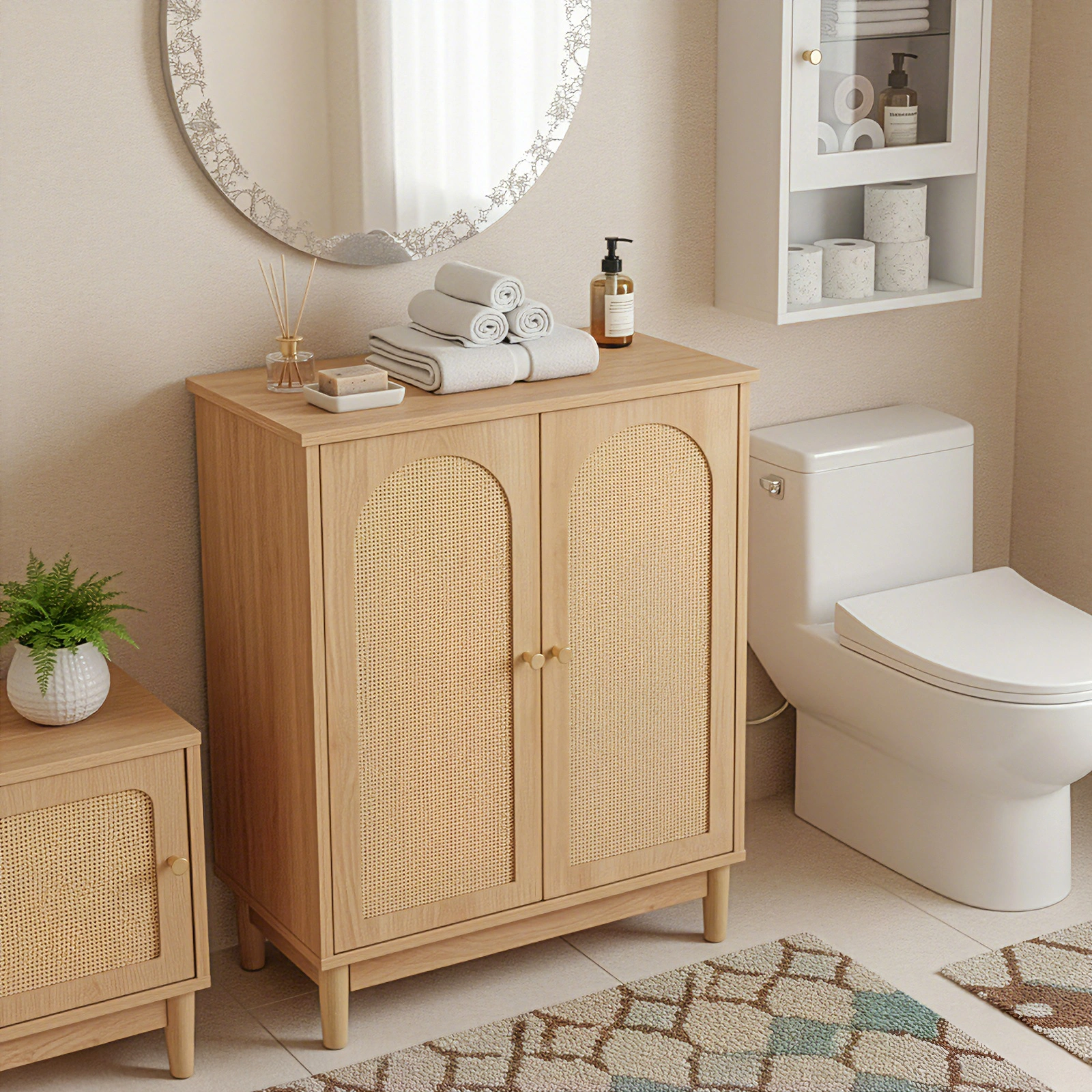 Natural wood color, particleboard with melamine veneer and rattan finish, 60*30*80cm, double doors, bathroom vanity view 8