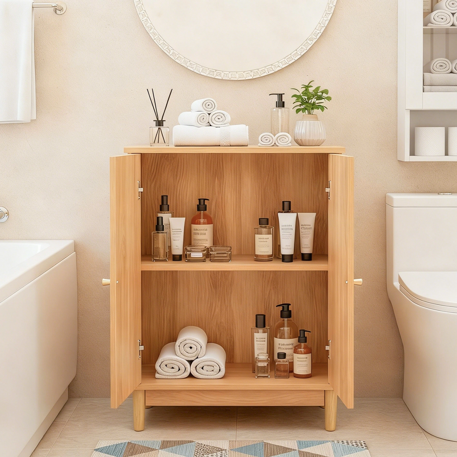 Natural wood color, particleboard with melamine veneer and rattan finish, 60*30*80cm, double doors, bathroom vanity view 9