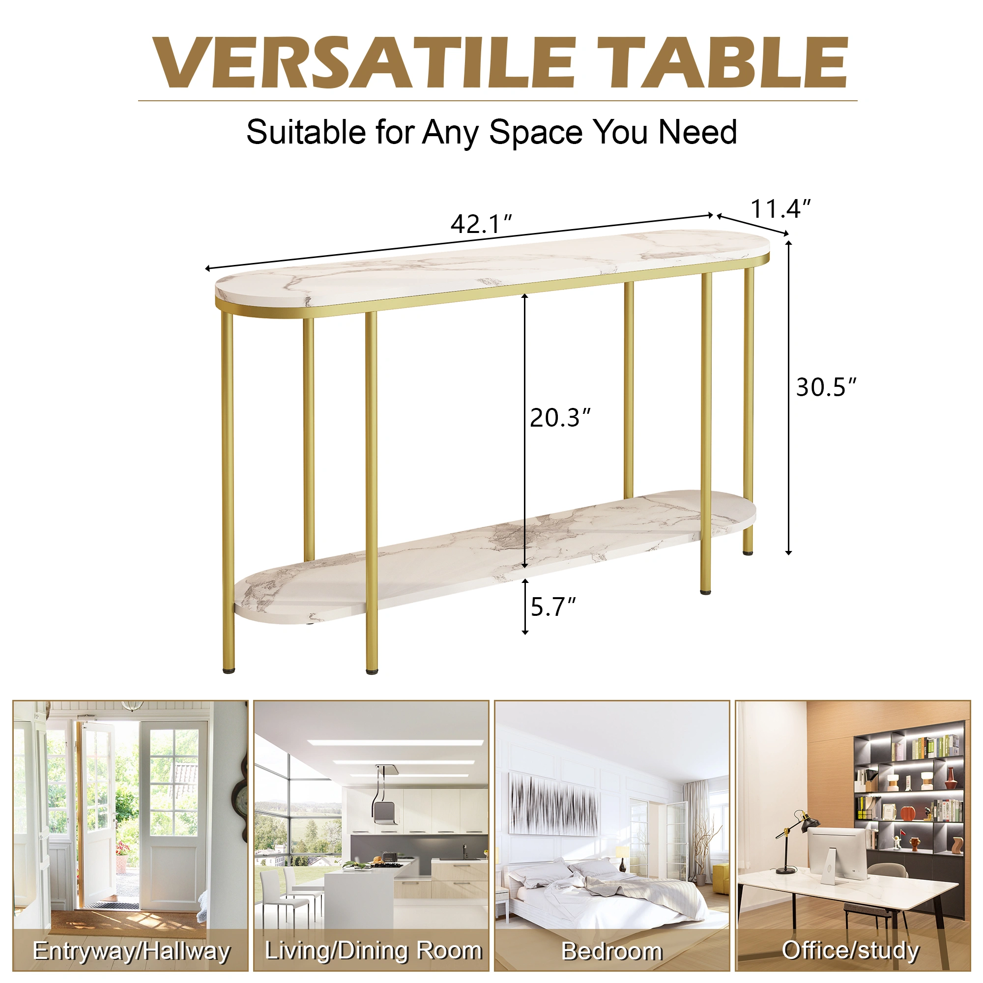 2-Tier Oval Console Table, White Faux Marble Top with Gold Metal Frame, Modern Entryway Table with Open Shelf, 42.1"×11.4"×30.5" Narrow Sofa Table for Hallway, Living Room & Foyer view 7