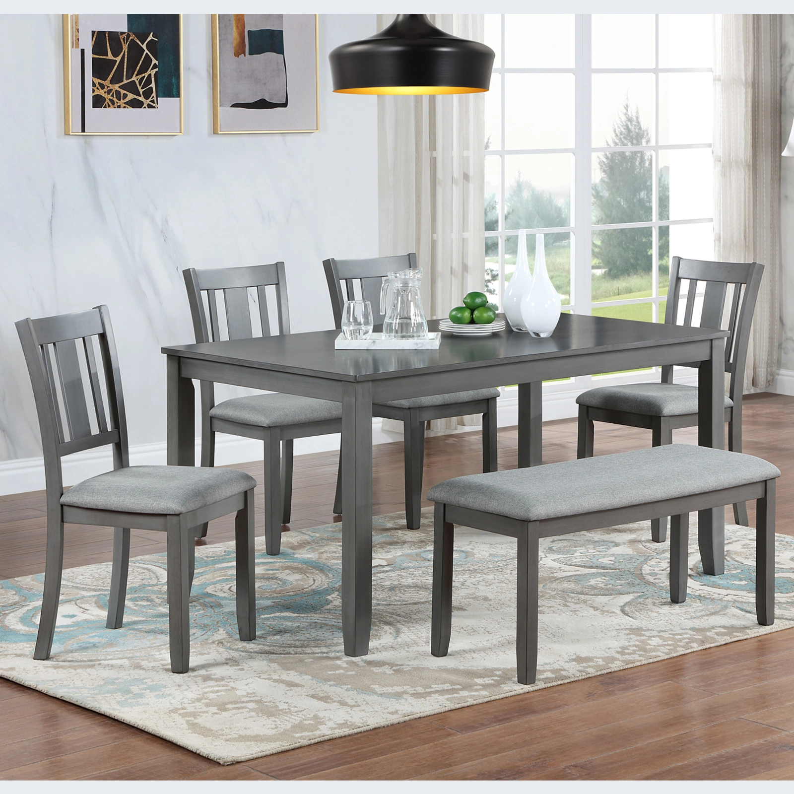 6 Piece Dining Table Set with 4 Upholstered Chairs & Bench, Rectangular Wood Kitchen Dining Set for 6 People, Gray - Living Room, Home Bar