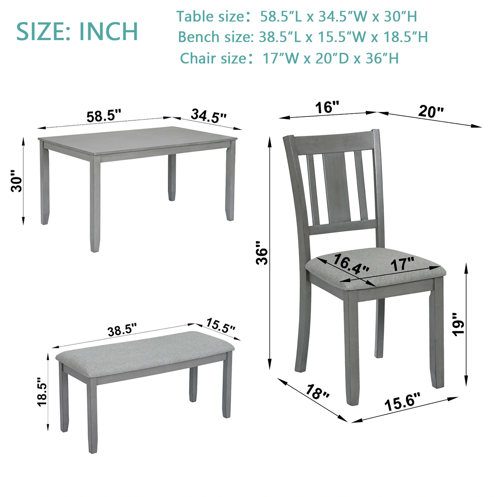 6 Piece Dining Table Set with 4 Upholstered Chairs & Bench, Rectangular Wood Kitchen Dining Set for 6 People, Gray - Living Room, Home Bar view 8