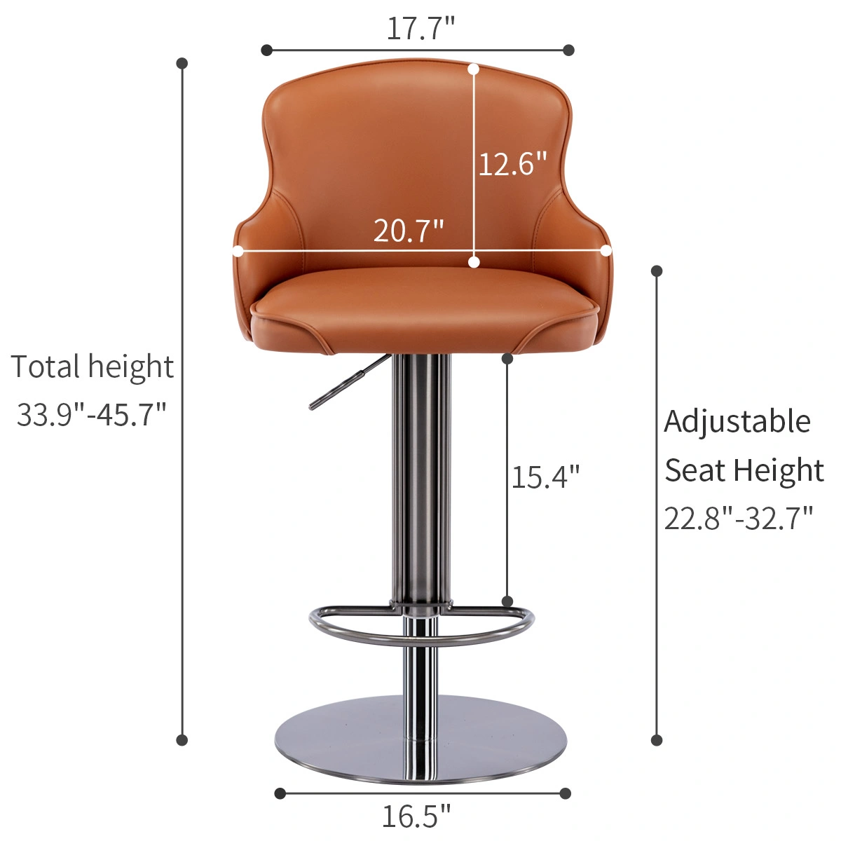 Modern Leather Bar Stool with Backrest, Adjustable Height Swivel Chair, Stainless Steel Frame, Brown, 1pc
