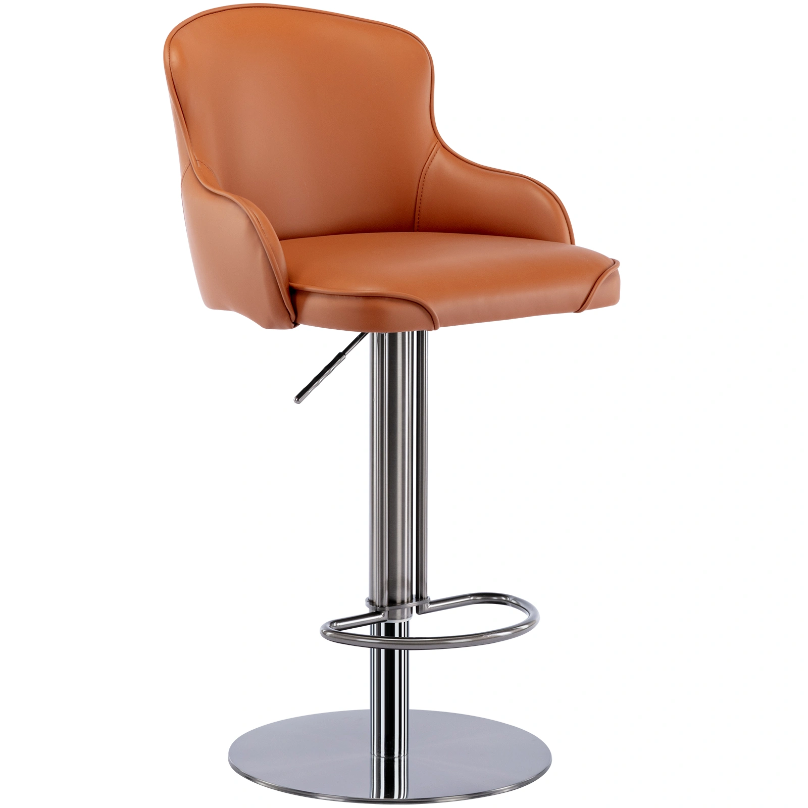Modern Leather Bar Stool with Backrest, Adjustable Height Swivel Chair, Stainless Steel Frame, Brown, 1pc view 3