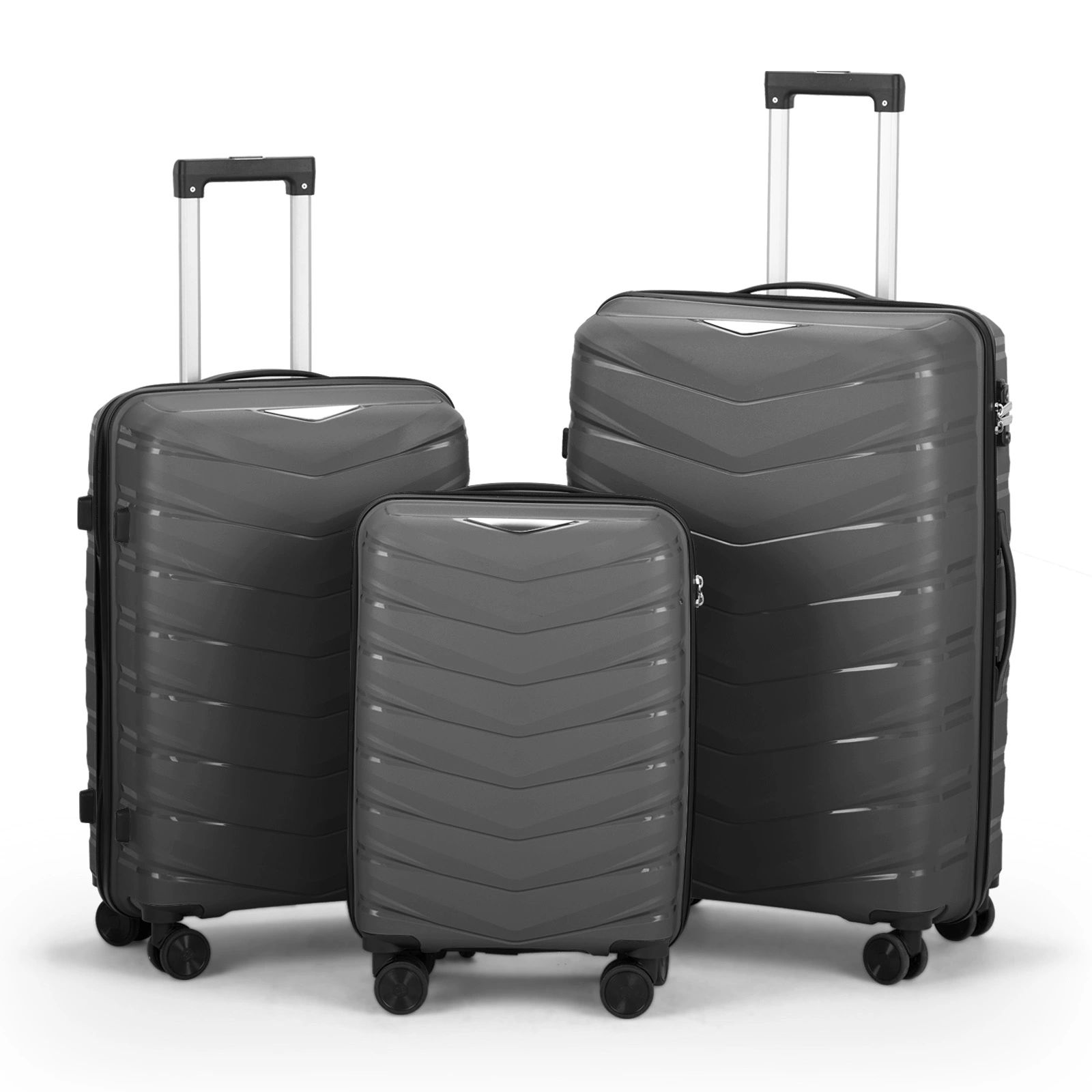 V-Shaped Stripe 3-in-1 PP Trolley Suitcase Set 20in 24in 28in PP + Iron Frame Classic Dark Gray Grained Pattern