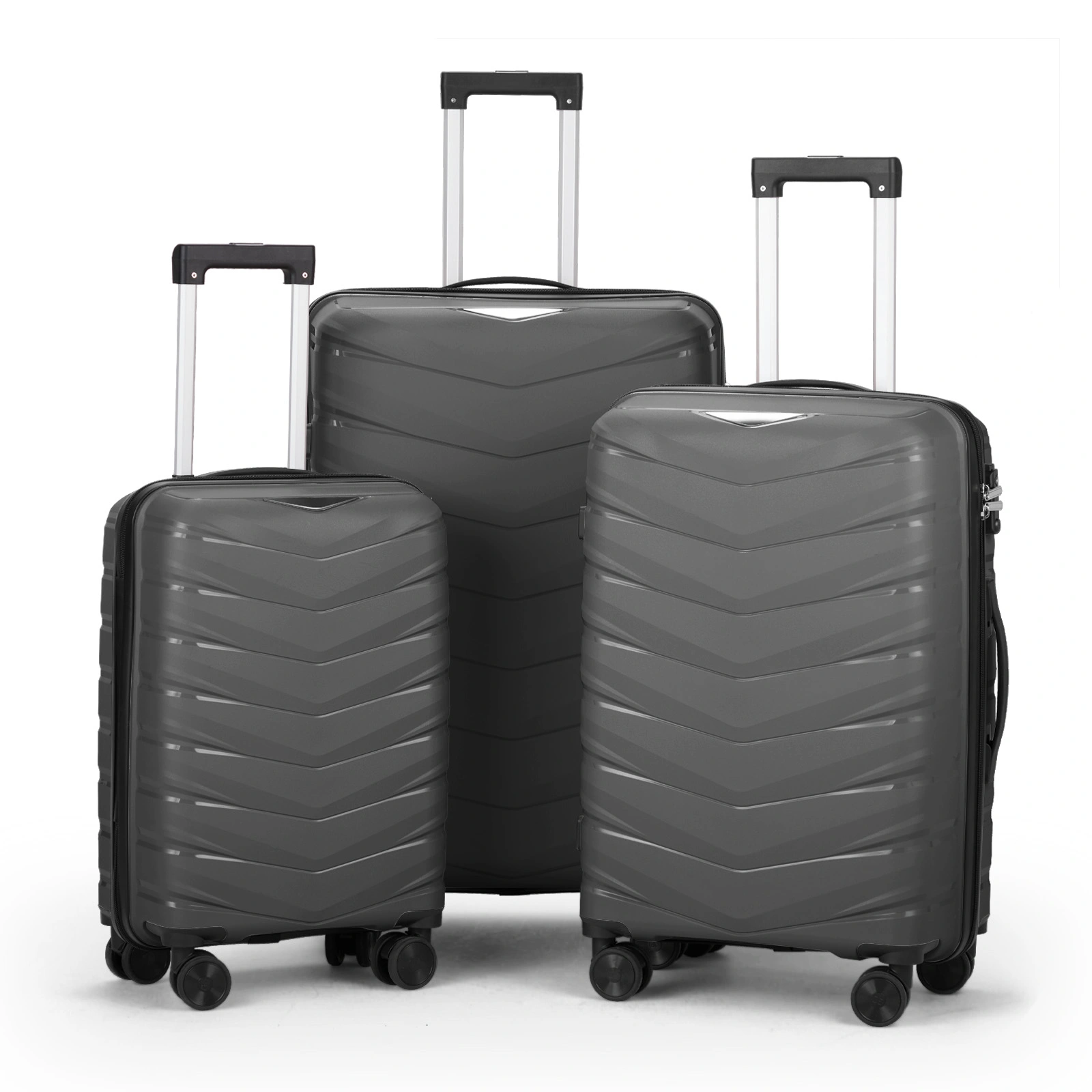 V-Shaped Stripe 3-in-1 PP Trolley Suitcase Set 20in 24in 28in PP + Iron Frame Classic Dark Gray Grained Pattern view 3