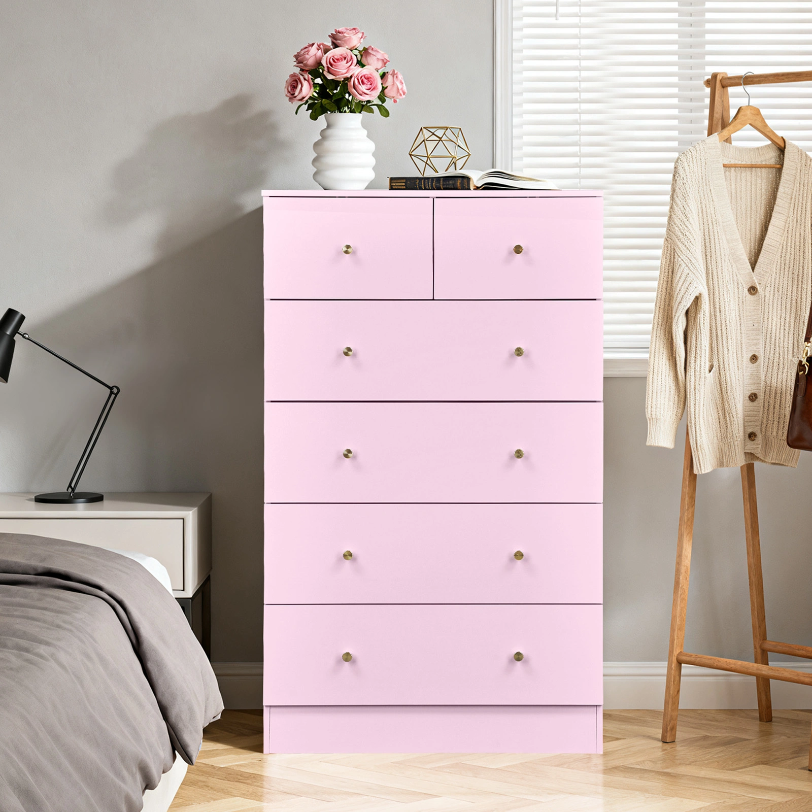 25.98"*15.75"*43.7"(L*W*D) 5-Tier 6-Drawer Cabinet Drawer Dresser with Gold Handles Macaron Pink view 10