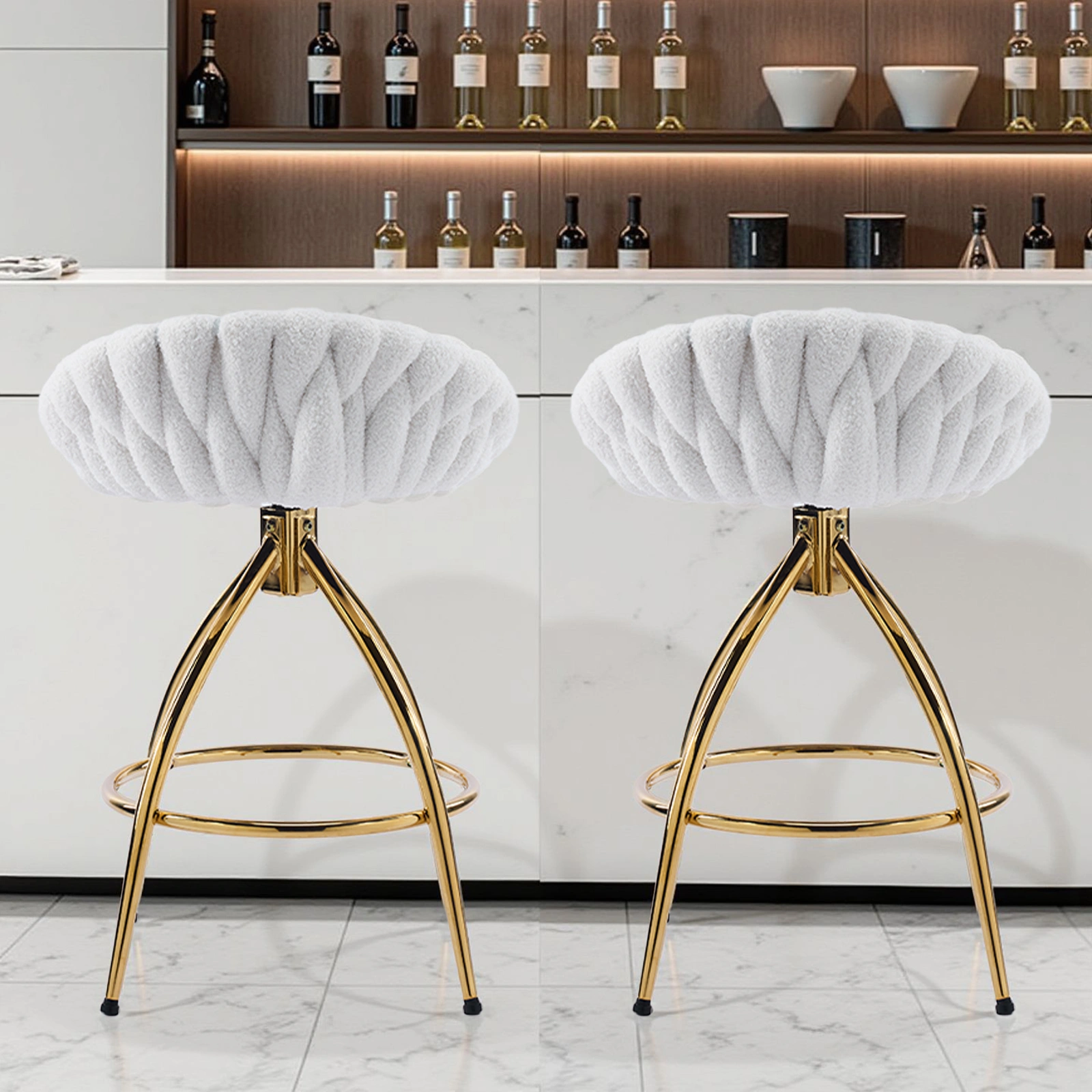 2pcs Teddy Velvet Gold-plated Iron Feet Bar Stool Weaving Style White With Swivel view 3