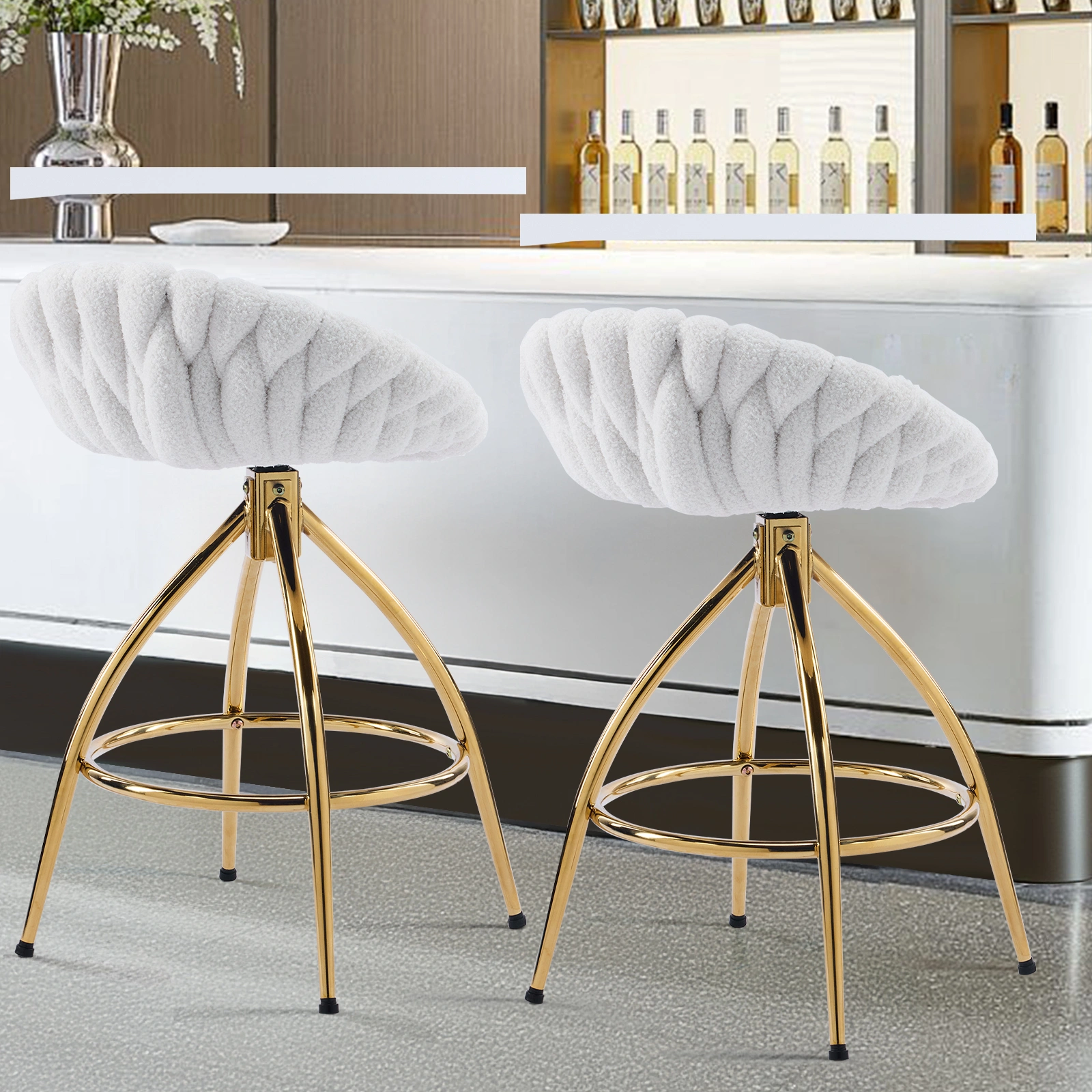 2pcs Teddy Velvet Gold-plated Iron Feet Bar Stool Weaving Style White With Swivel view 4