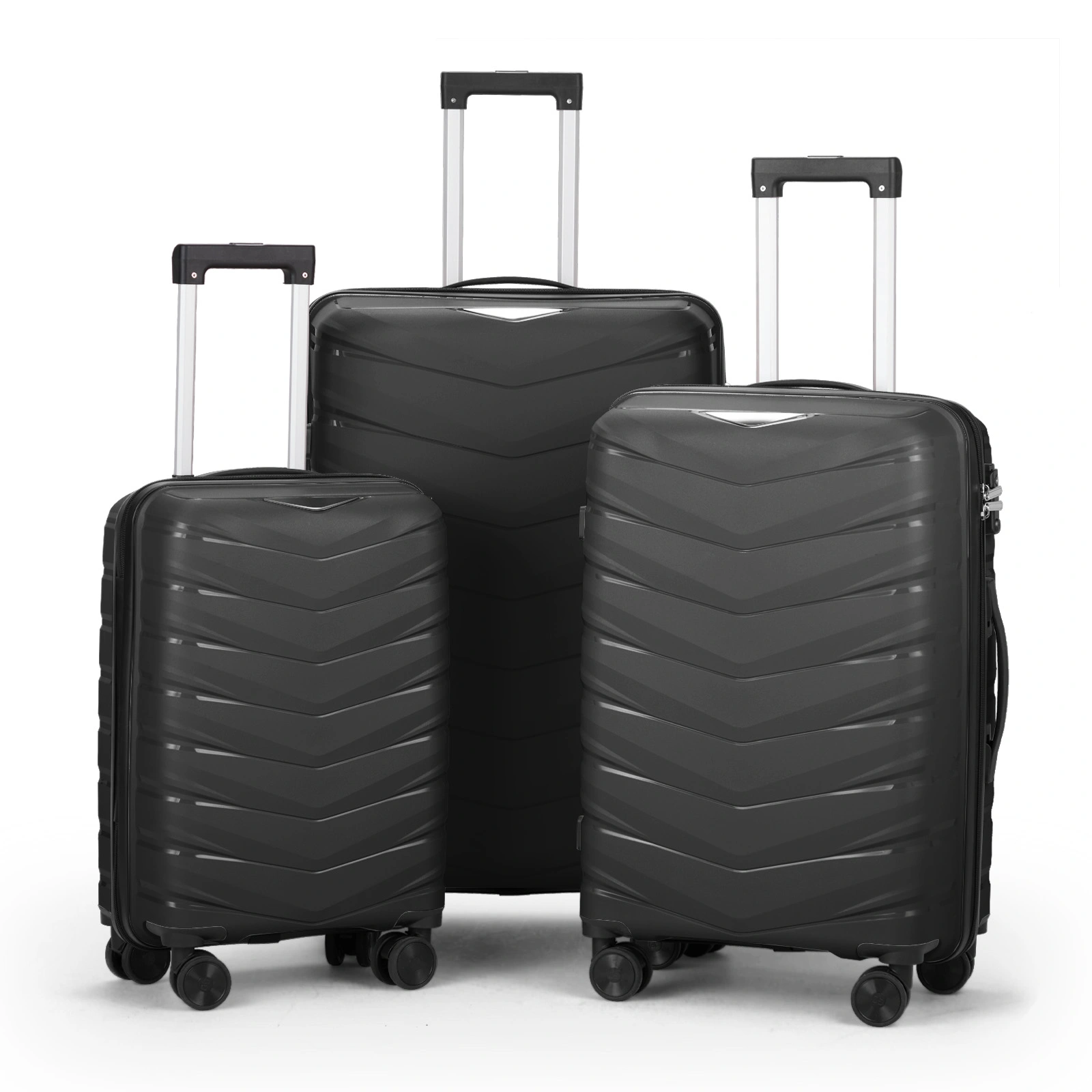 V-Striped 3-in-1 PP Trolley Suitcase Set 20in 24in 28in PP + Iron Frame Classic Black Grained Pattern