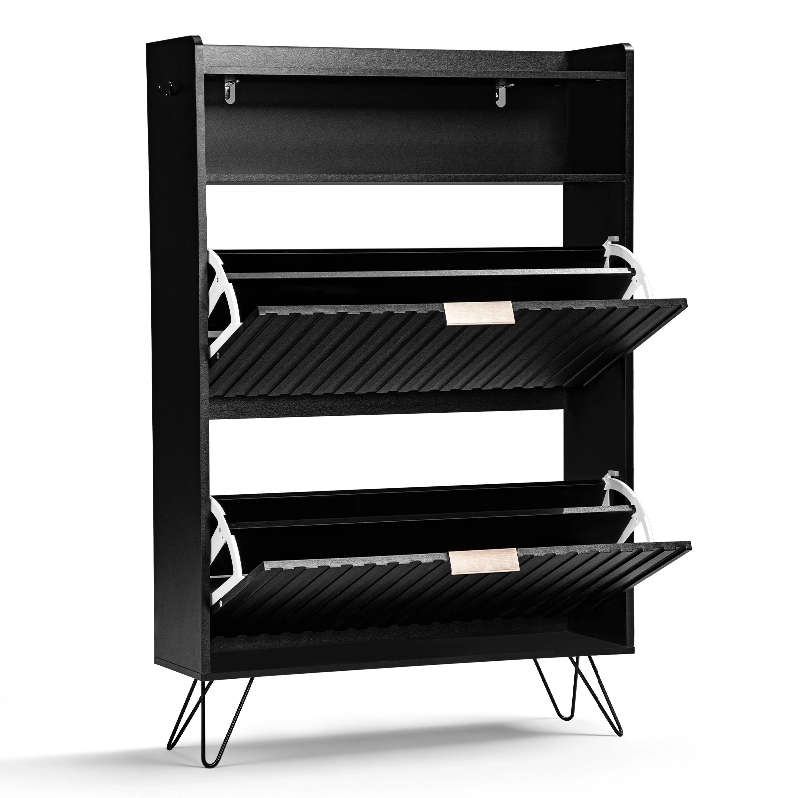 Shoe cabinet with slatted front panel and side panels, two compartments with top flip-up lids, two hooks, and high legs. Particleboard cabinet body, MDF vacuum-formed doors. 80*24*120cm, Black view 2