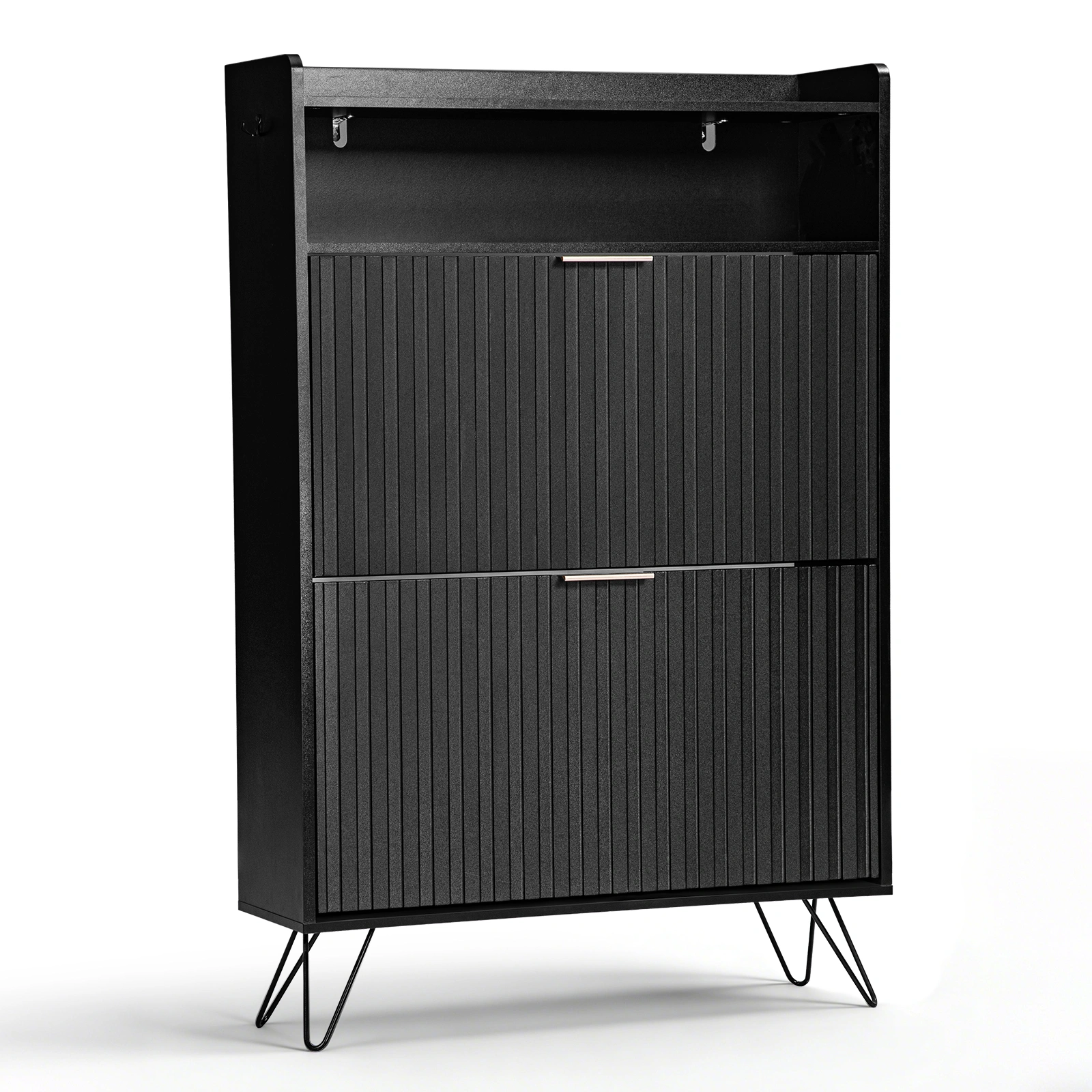 Shoe cabinet with slatted front panel and side panels, two compartments with top flip-up lids, two hooks, and high legs. Particleboard cabinet body, MDF vacuum-formed doors. 80*24*120cm, Black view 3