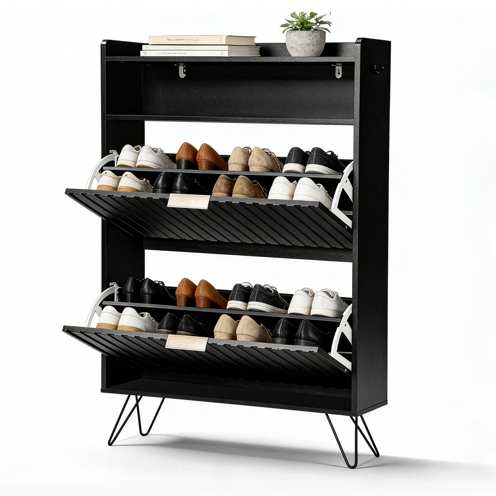 Shoe cabinet with slatted front panel and side panels, two compartments with top flip-up lids, two hooks, and high legs. Particleboard cabinet body, MDF vacuum-formed doors. 80*24*120cm, Black view 4