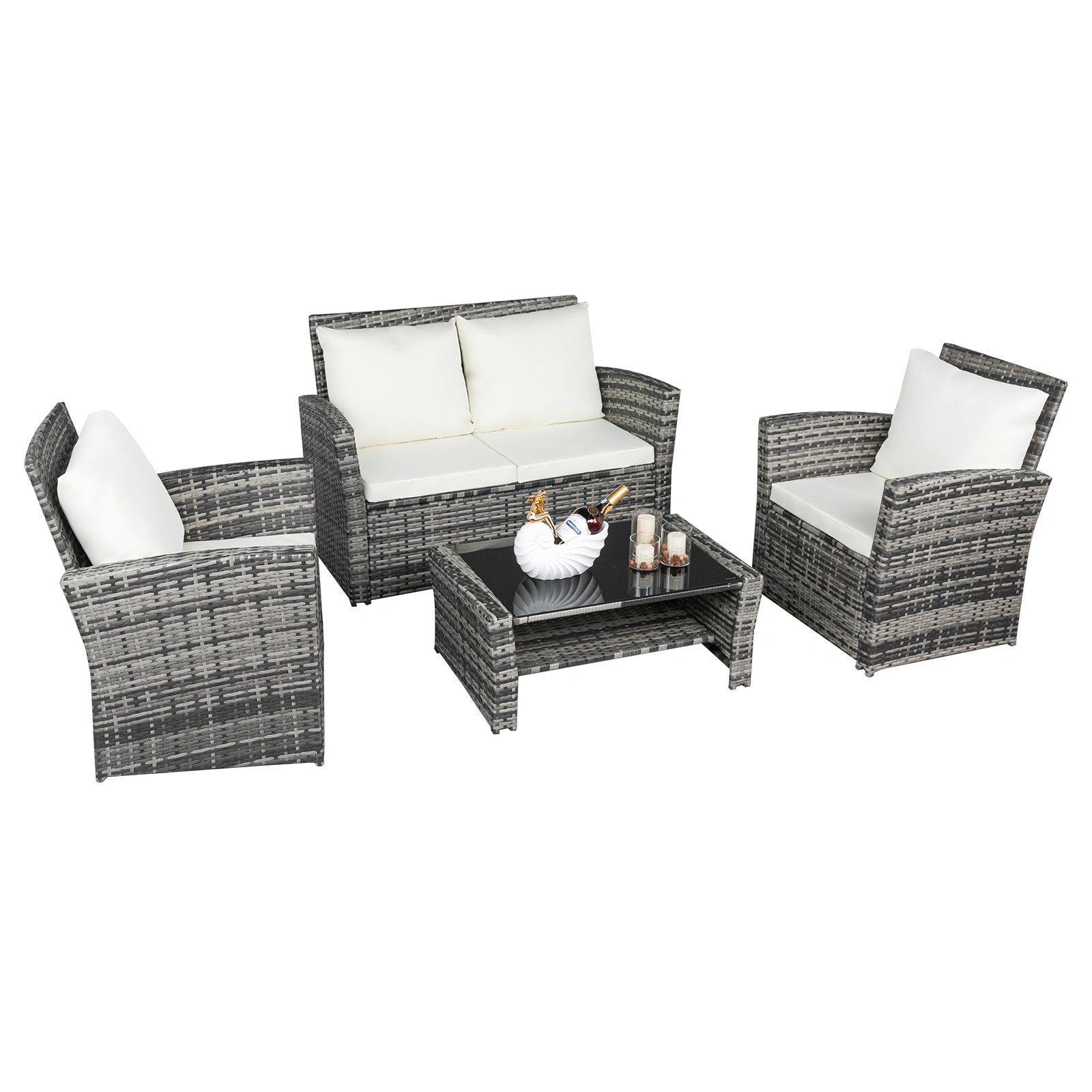 Outdoor Rattan Sofa Set 4-Piece Sectional, Grey Wicker Patio Furniture, 2-Box Delivery