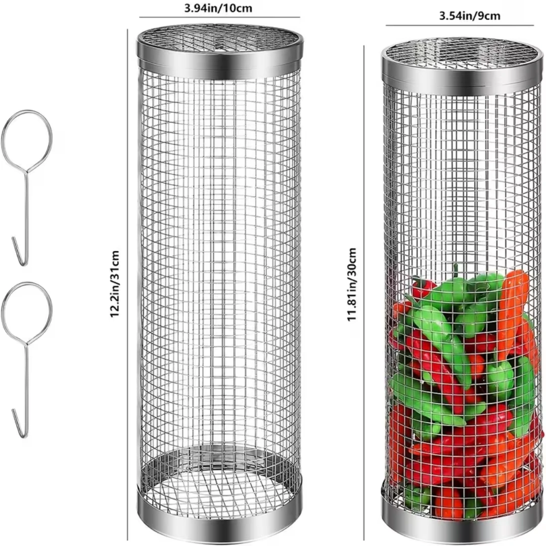 2 extra large outdoor barbecue rolling barbecue baskets Bbq mesh stainless steel large round mesh rotating barbecue tube cages vegetables vegetables vegetables fish meat food picnic cooking accessories, gifts view 2