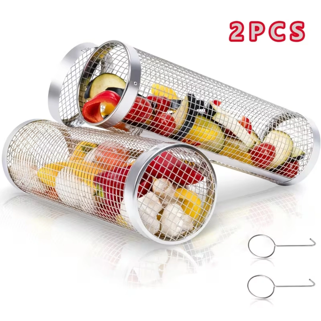 2 extra large outdoor barbecue rolling barbecue baskets Bbq mesh stainless steel large round mesh rotating barbecue tube cages vegetables vegetables vegetables fish meat food picnic cooking accessories, gifts view 3
