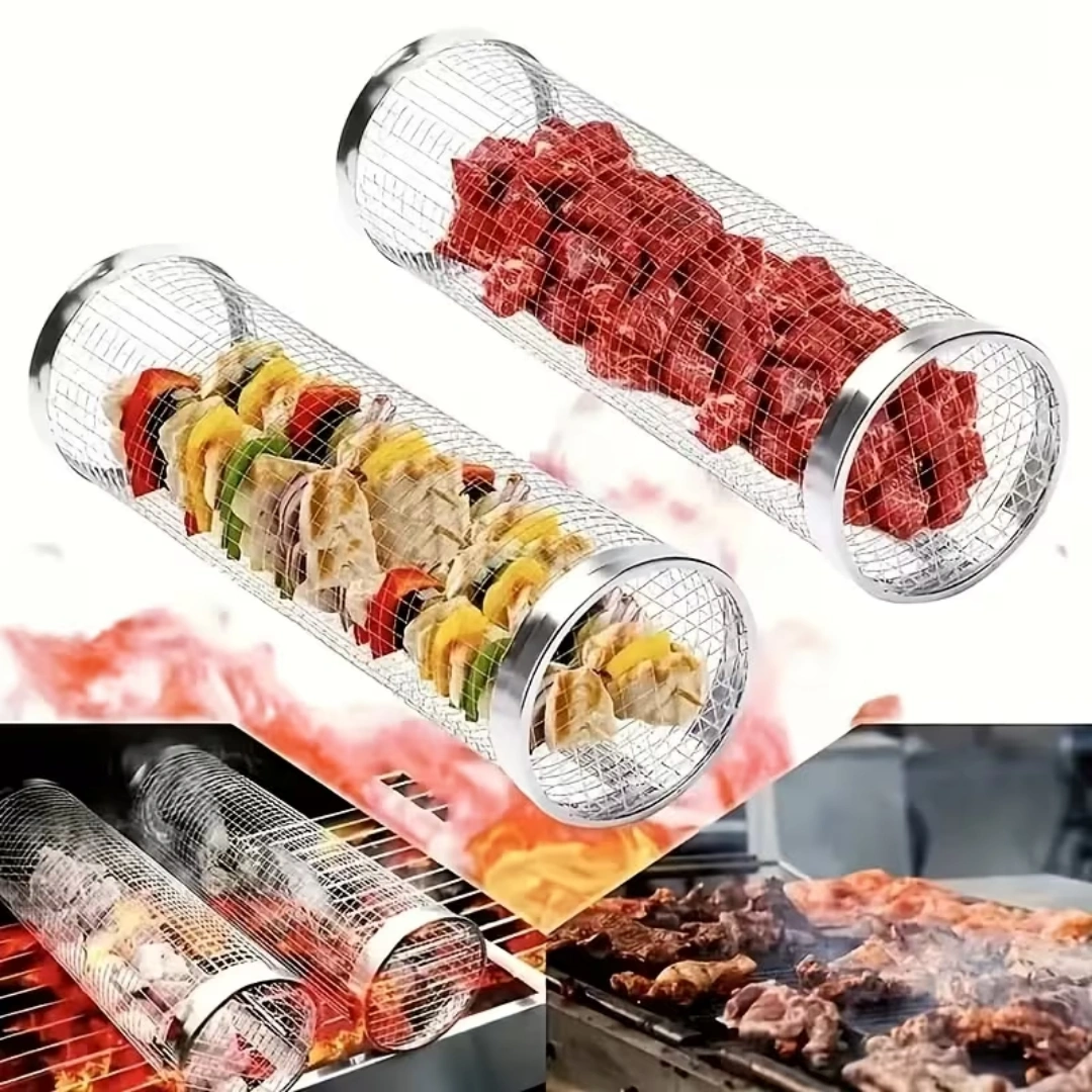 2 extra large outdoor barbecue rolling barbecue baskets Bbq mesh stainless steel large round mesh rotating barbecue tube cages vegetables vegetables vegetables fish meat food picnic cooking accessories, gifts view 4