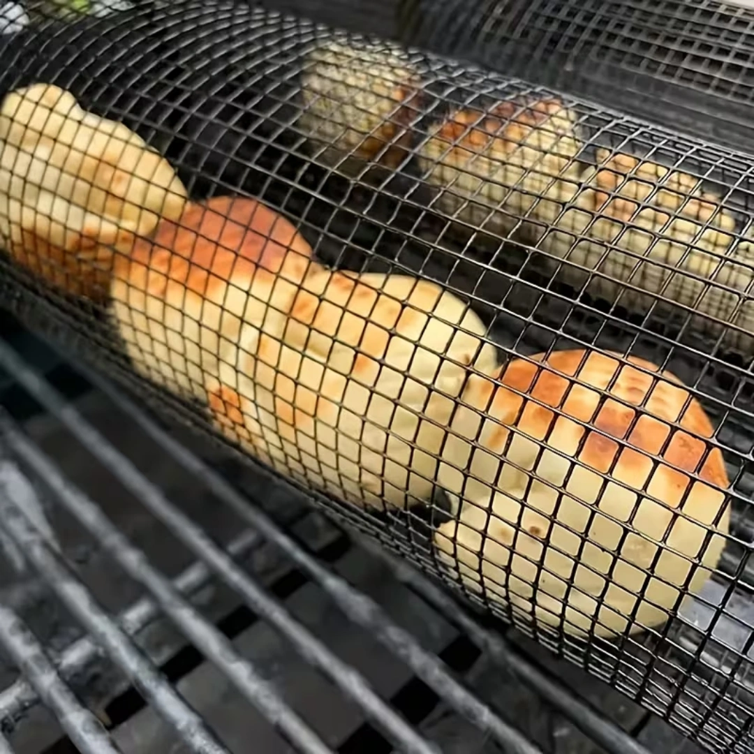 2 extra large outdoor barbecue rolling barbecue baskets Bbq mesh stainless steel large round mesh rotating barbecue tube cages vegetables vegetables vegetables fish meat food picnic cooking accessories, gifts view 7