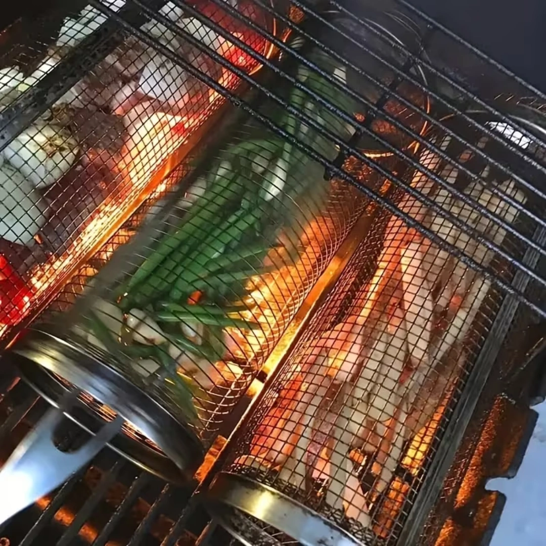 2 extra large outdoor barbecue rolling barbecue baskets Bbq mesh stainless steel large round mesh rotating barbecue tube cages vegetables vegetables vegetables fish meat food picnic cooking accessories, gifts view 8