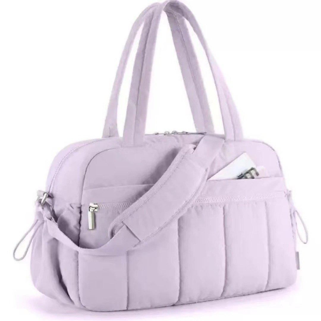 Purple large capacity slit fluffy shoulder bag, waterproof portable luggage tote bag, multi zipper pocket design, sports and fitness travel handbag