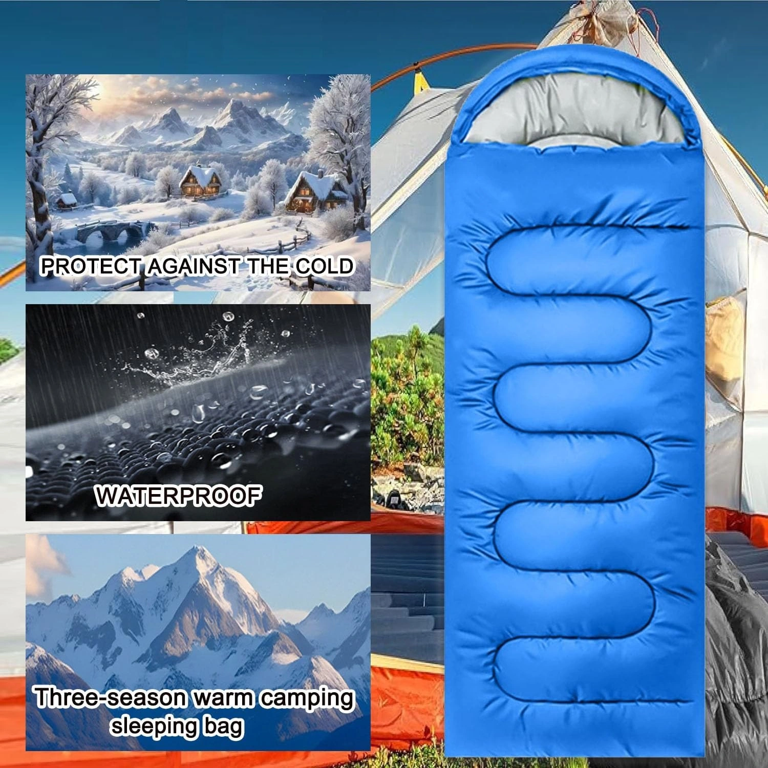 4 Season Single Sleeping Bag Waterproof Outdoor Camping Hiking Envelope Zip Bags-blue