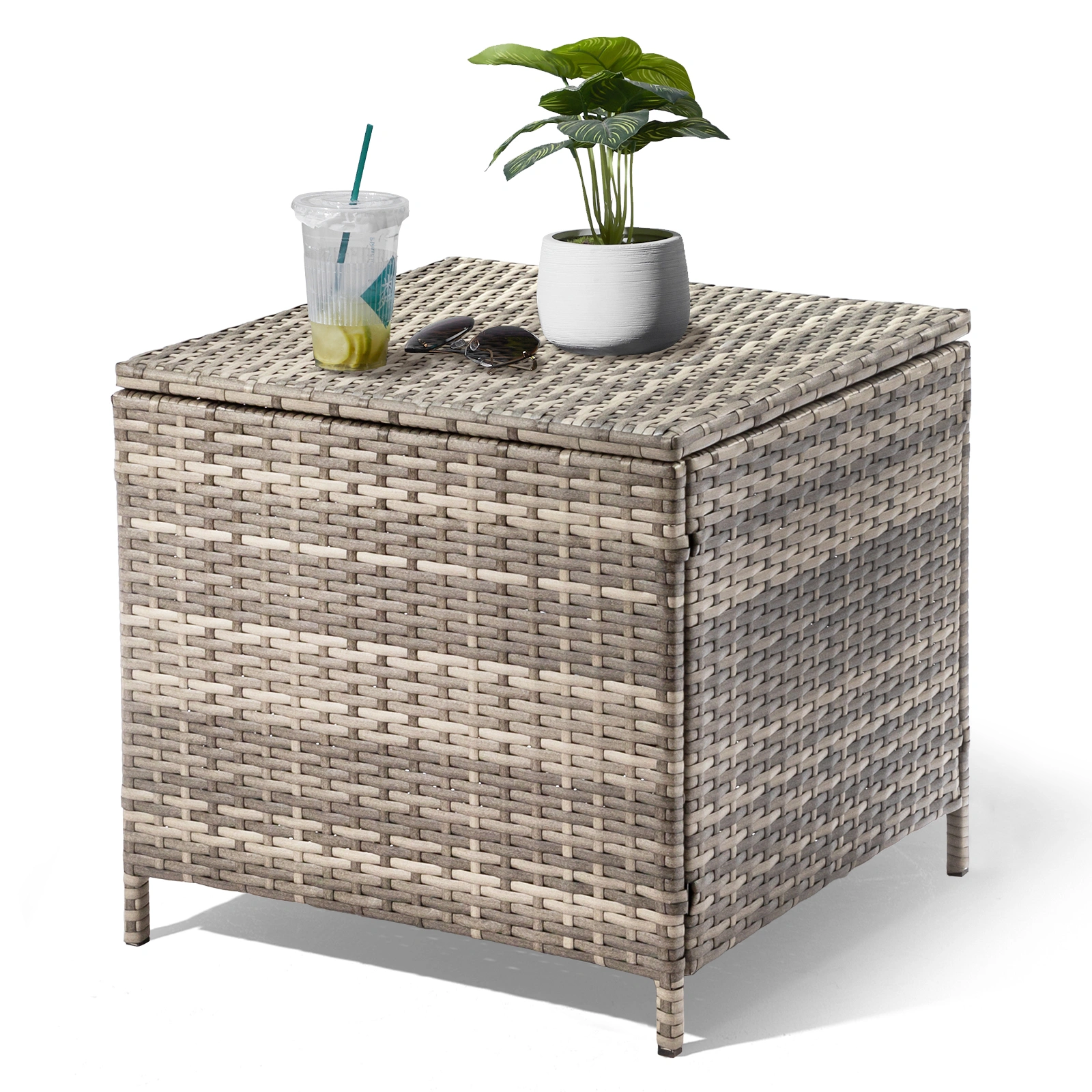 Outdoor PE Wicker Side Table with Storage, Patio Rattan End Table Square Container for Furniture Covers, Toys and Gardening Tools, Grey view 4