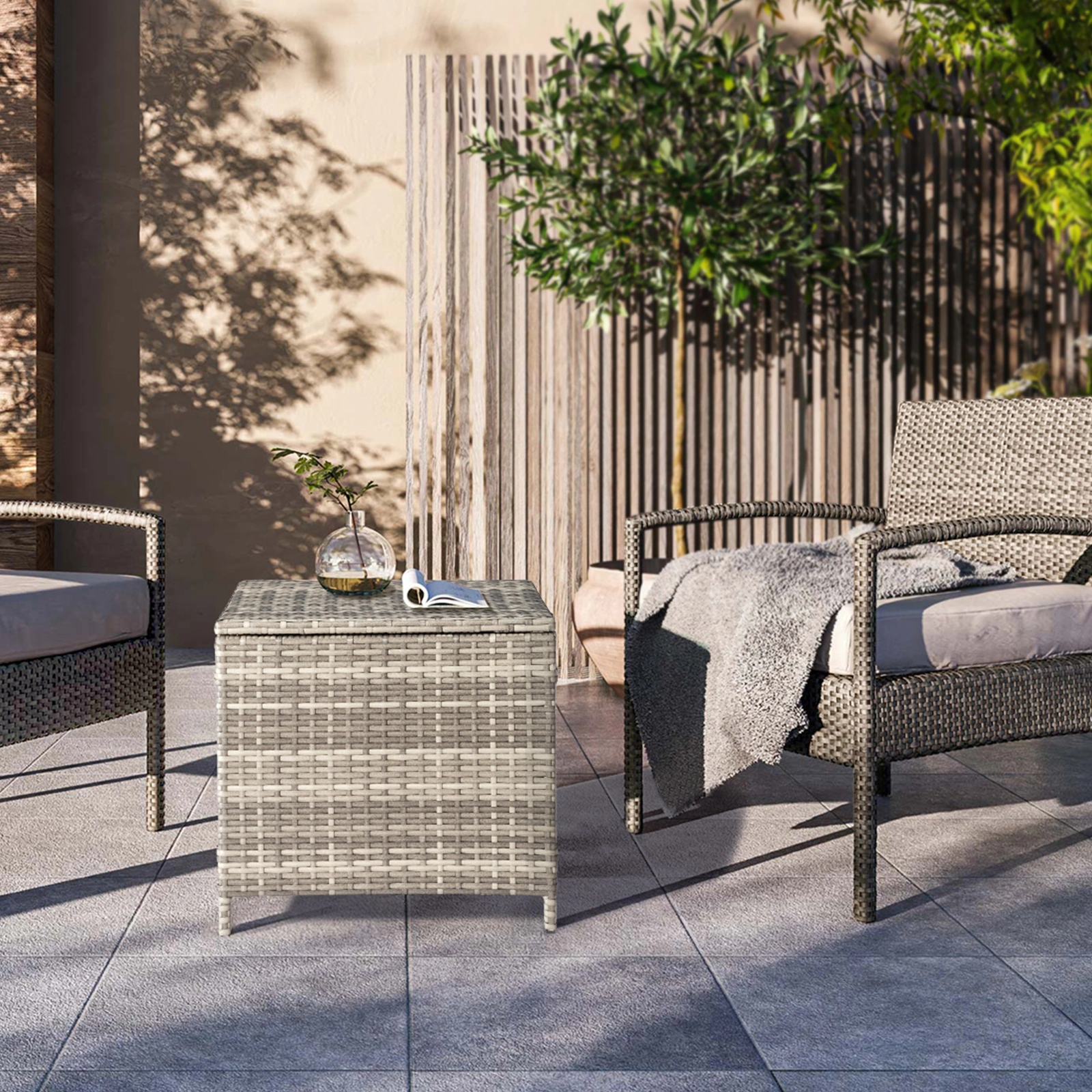 Outdoor PE Wicker Side Table with Storage, Patio Rattan End Table Square Container for Furniture Covers, Toys and Gardening Tools, Grey view 7