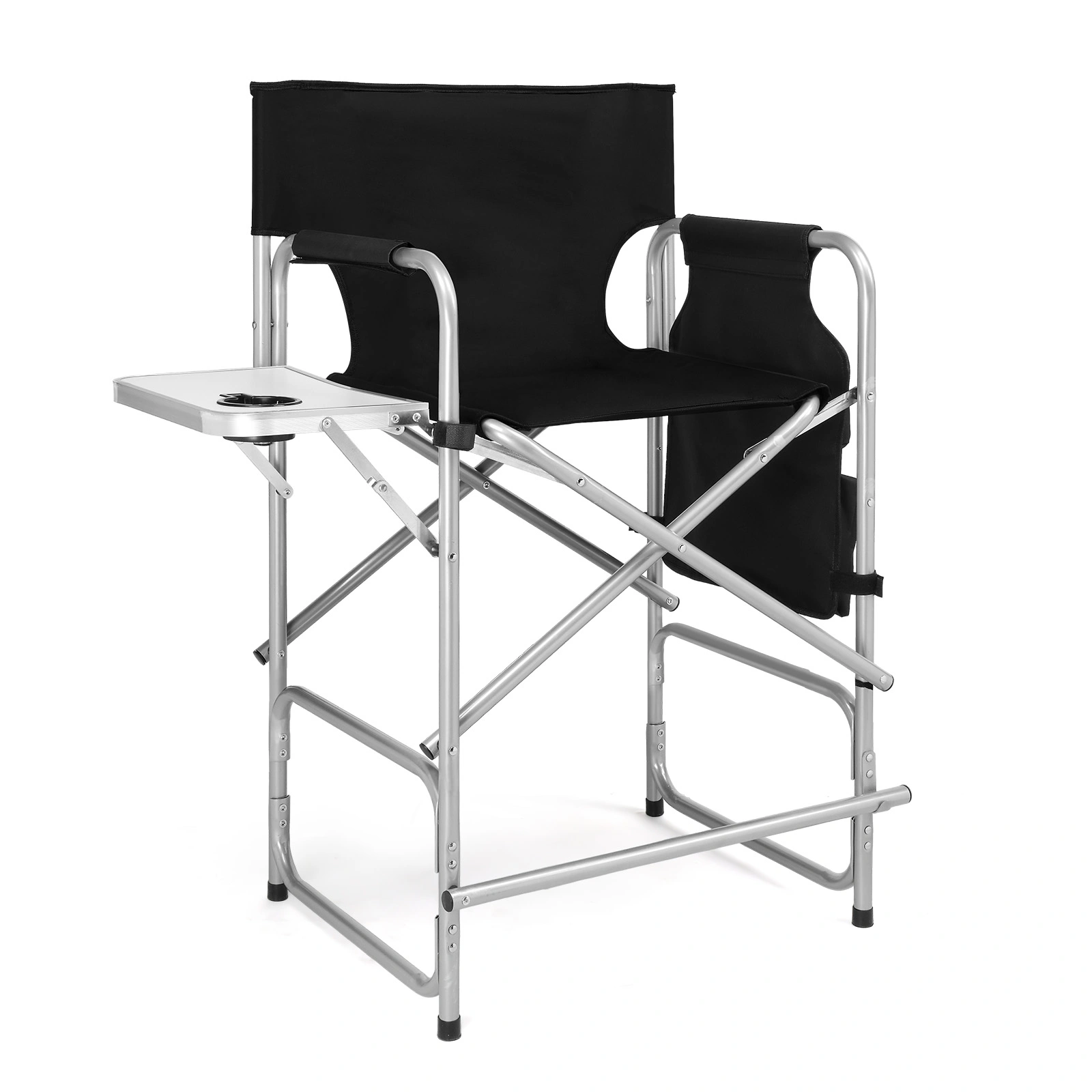 Folding Director Chair with Side Table & Storage Pockets, 41"×23.6"×26.4" Heavy Duty Spray-Coated Metal Frame Makeup Artist Chair, Portable Tall Folding Camping Chair, Supports 300 LBS, Black Oxford Fabric, No Carry Bag >