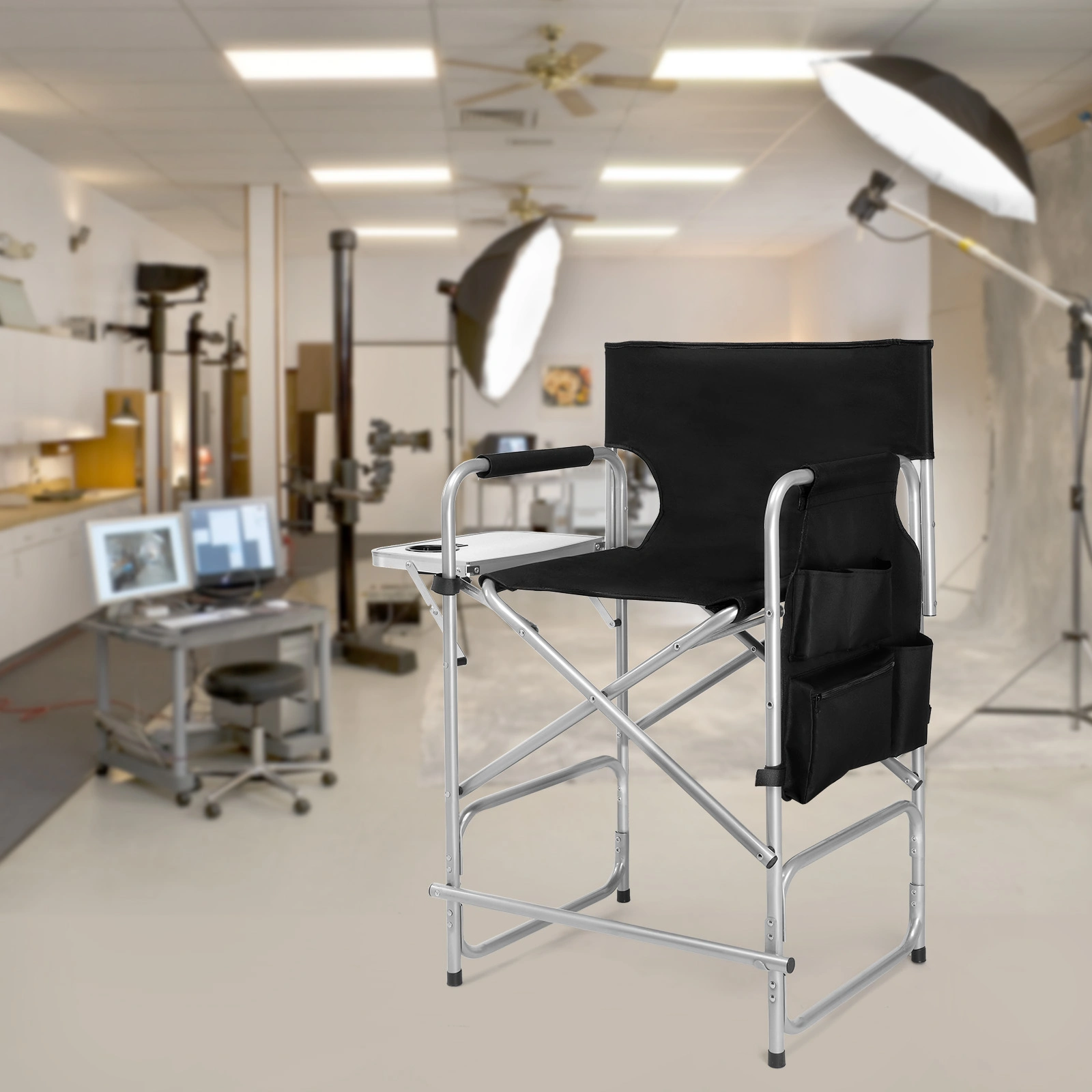 Folding Director Chair with Side Table & Storage Pockets, 41"×23.6"×26.4" Heavy Duty Spray-Coated Metal Frame Makeup Artist Chair, Portable Tall Folding Camping Chair, Supports 300 LBS, Black Oxford Fabric, No Carry Bag > view 10